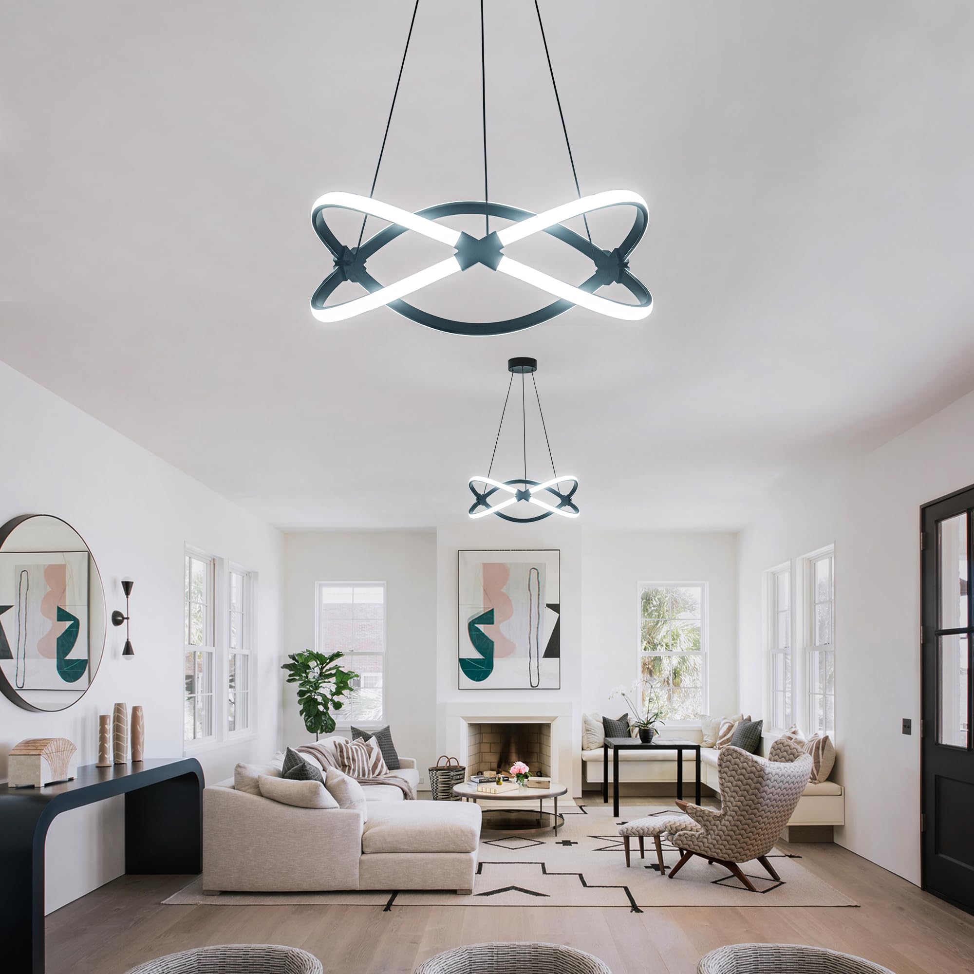 Mayful Modern Led Chandelier, Black Pendant Light, Adjustable Height Chandeliers With Circular Ring Shape, Modern Chandeliers Fo