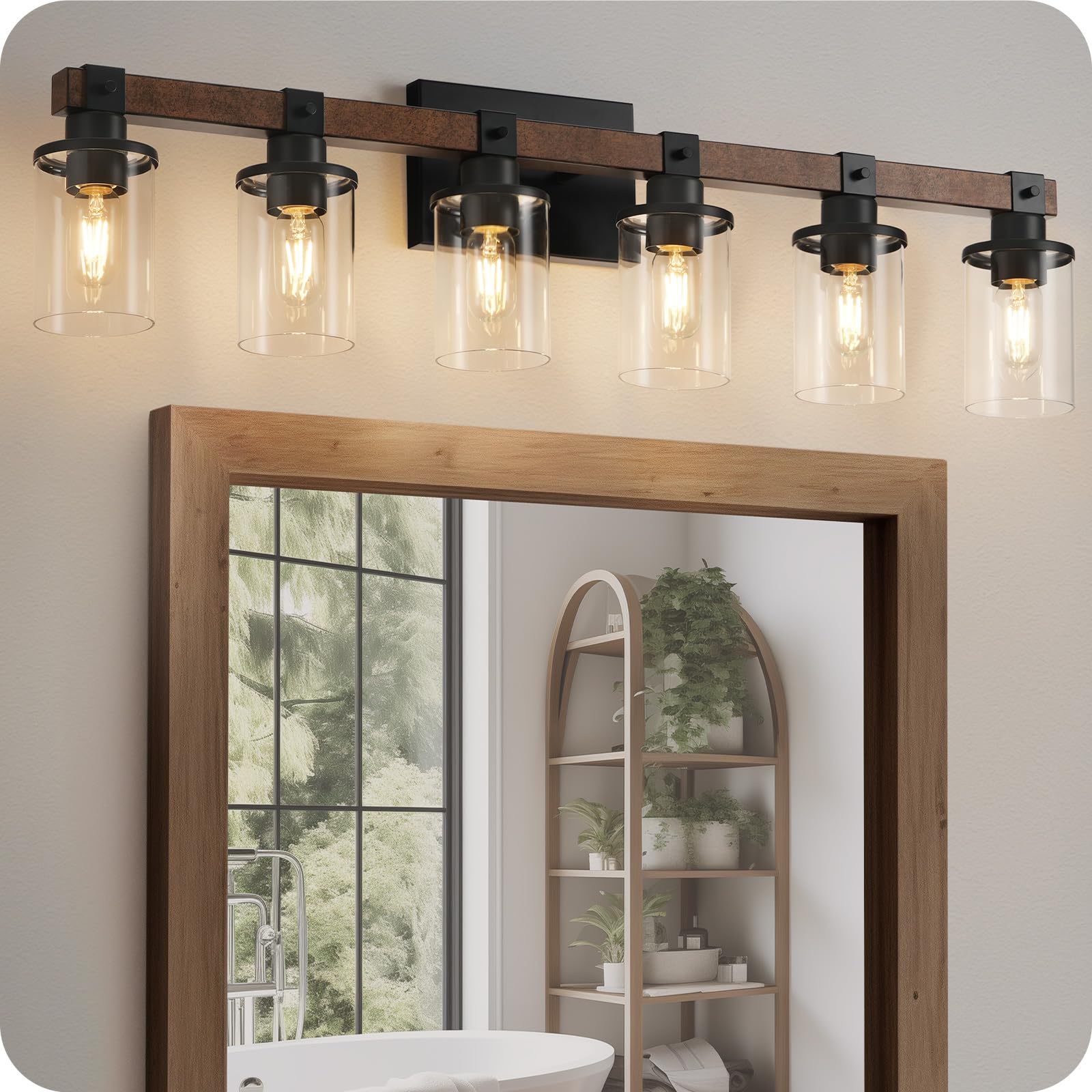 GOEBLESON 6-Light Bathroom Light Fixture, Rustic Bronze Vanity Lights, Metal Glass Shade, Model F12BD05
