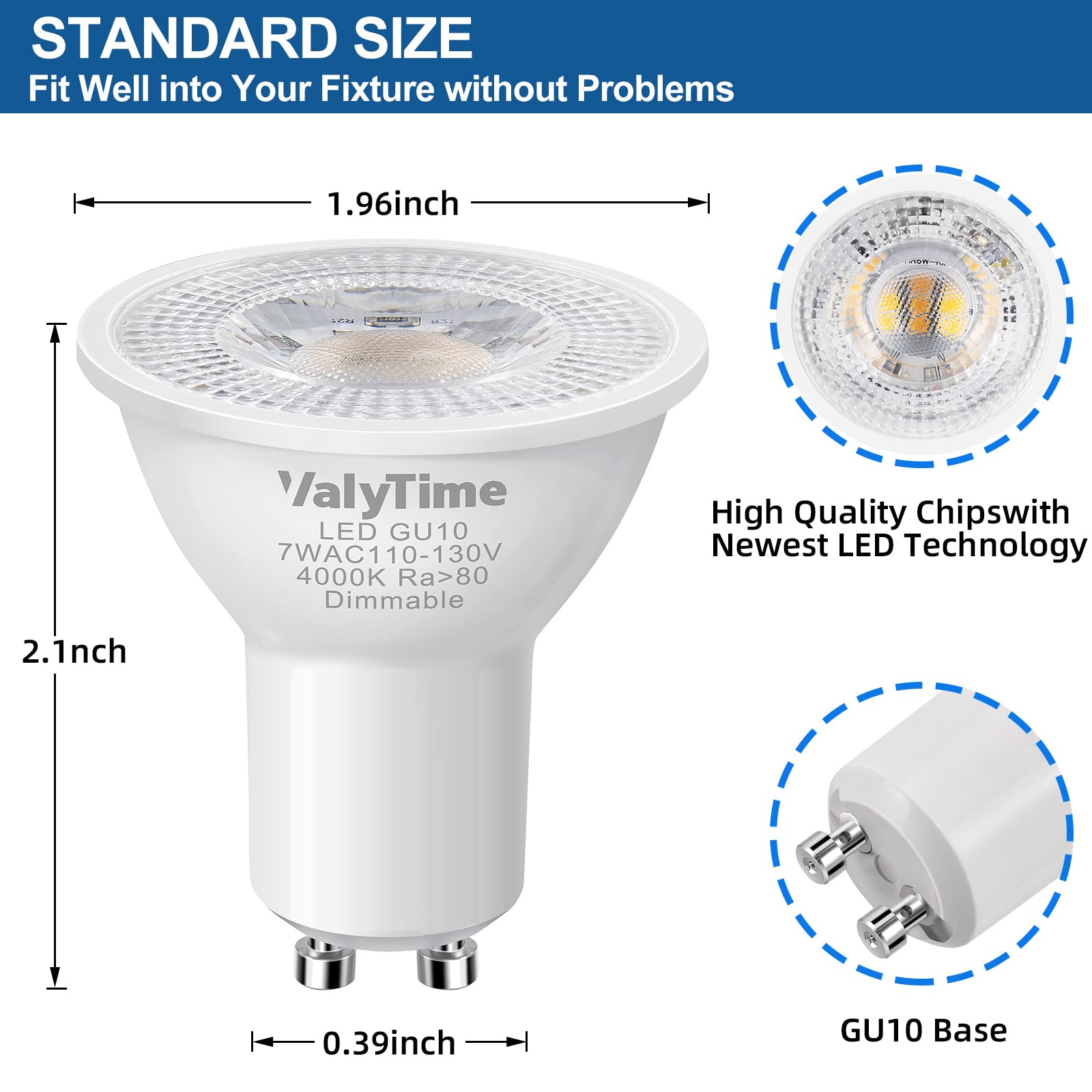 Valytime Dimmable GU10 LED Bulbs 7W Equivalent, 4 Pack, Natural White 4000K, Aluminum with Plastic, 650Lm for Indoor Lighting