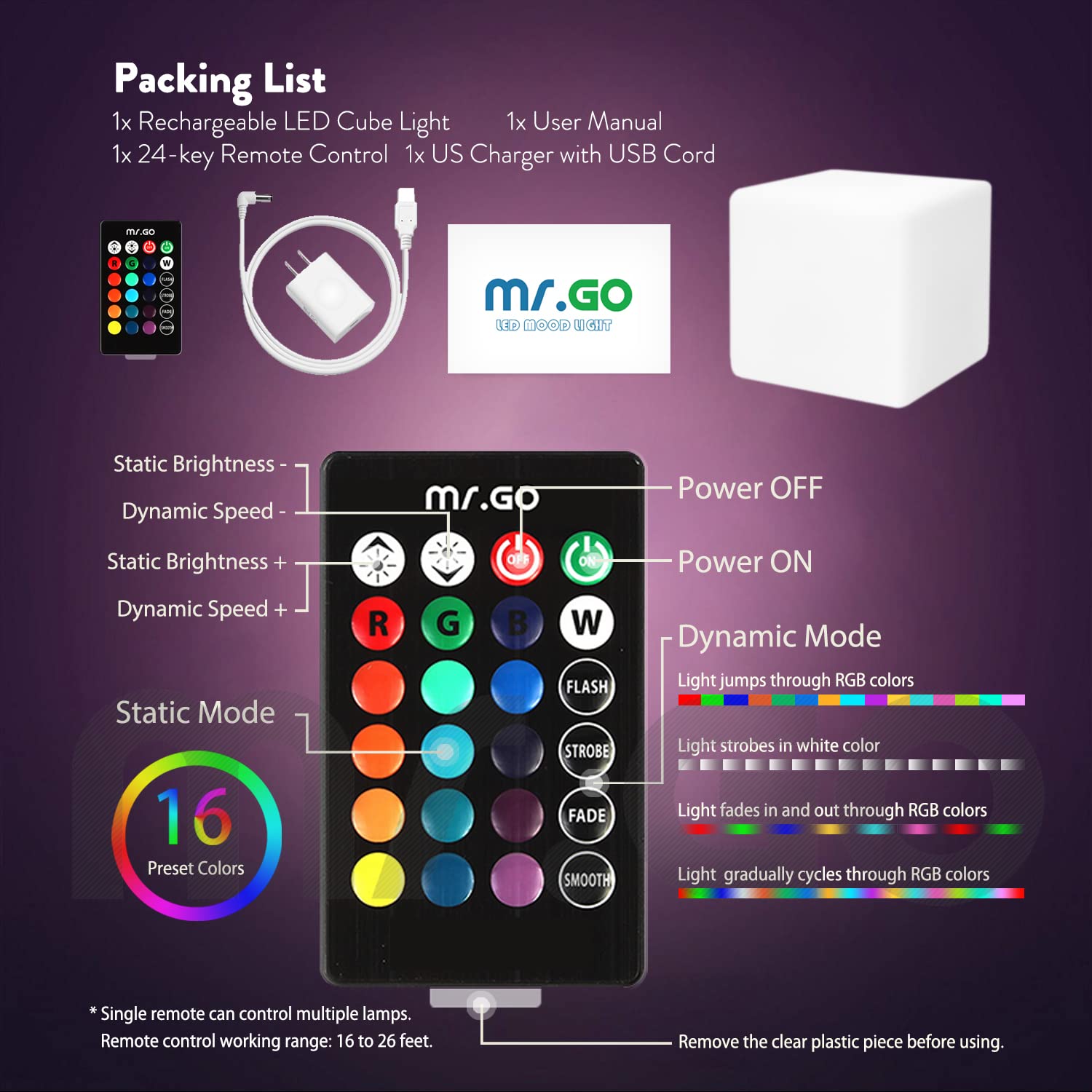 Mr.Go LED Cube Light, 10-inch Rechargeable, 16 RGB Colors, Dimmable, Waterproof, Indoor/Outdoor, Model CQ-C102