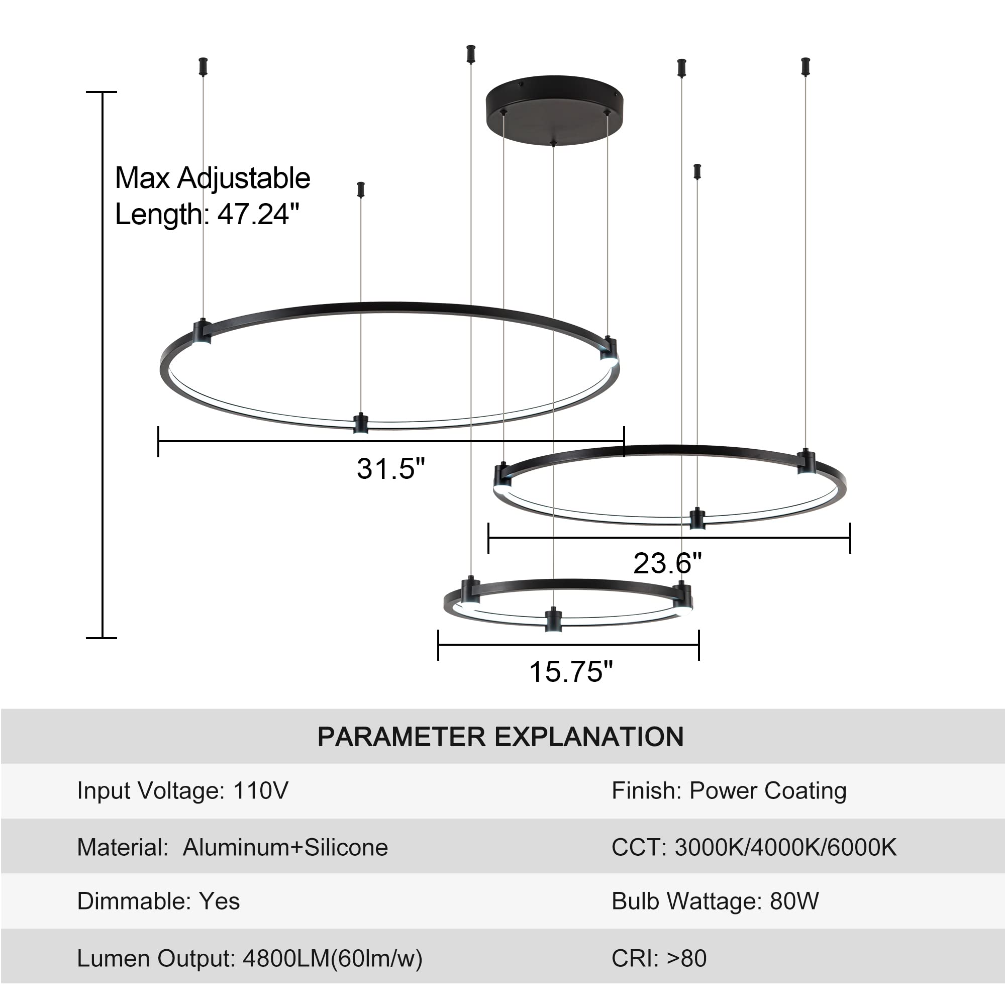 SUNMOO Modern LED Chandelier Pendant Light, 3-Rings Dimmable Aluminum, 3000K-6000K, Black for Kitchen Island, Dining Room, Office