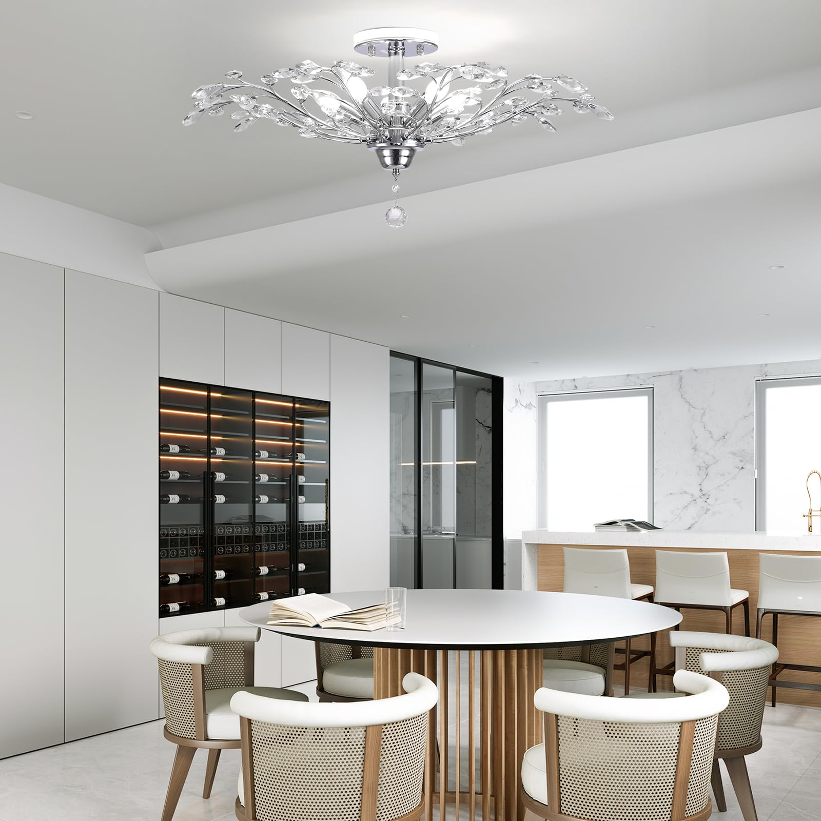 Ganeed Frozen Crystal Branch Close To Ceiling Light Chrome Silvery Vintage Chandelier With 5-Light Heads  Modern K9 Crystal Chandelier For Dining Room Living Room Bedroom Kitchen Over Table