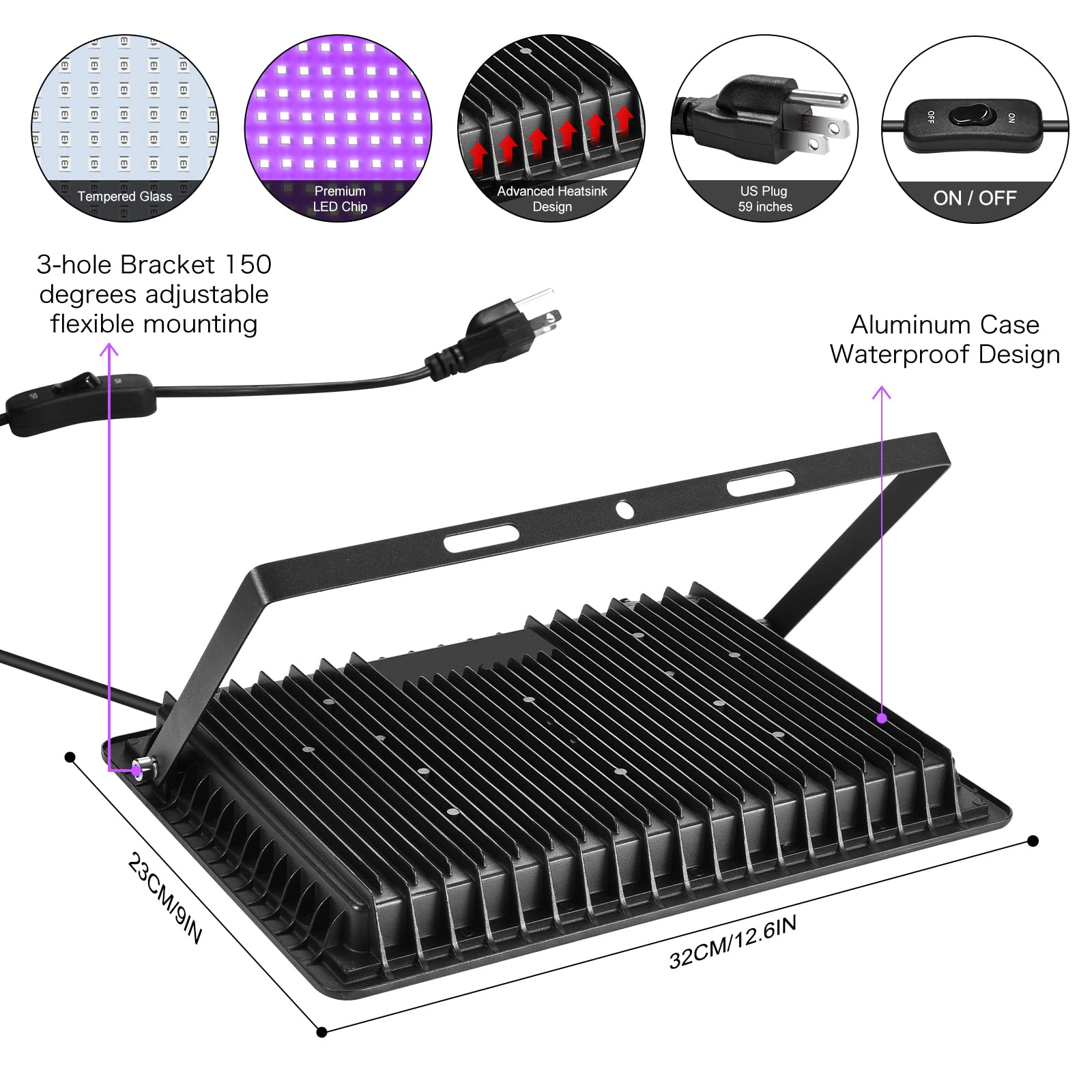 XYCN 200W LED Flood Black Lights - 3 Pack, IP66 Waterproof, Aluminum, Outdoor Neon Glow for Dance Parties & Stage Lighting