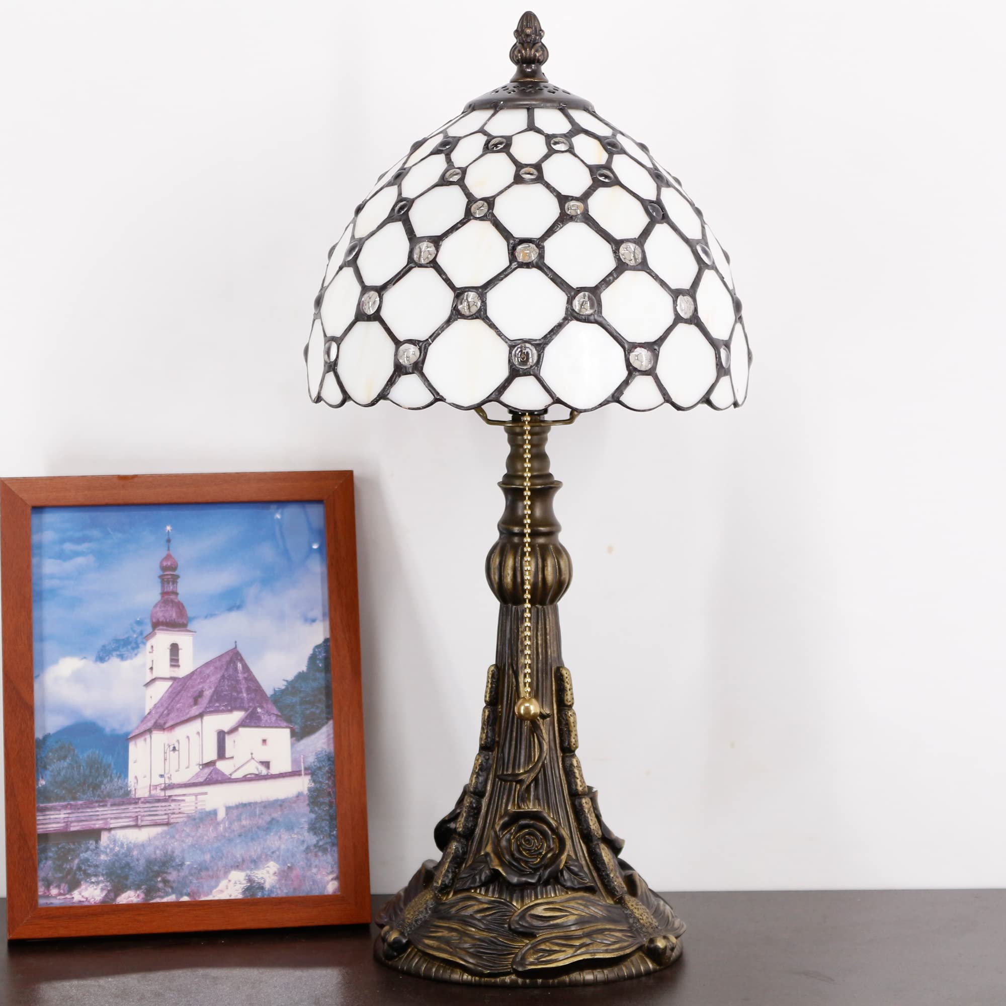 Small Tiffany Lamp Mini Stained Glass Desk Lamp Vintage Table Lamp Tiffany Style Night Light 8X17.5 Inch (Cream Pearl Bead Style