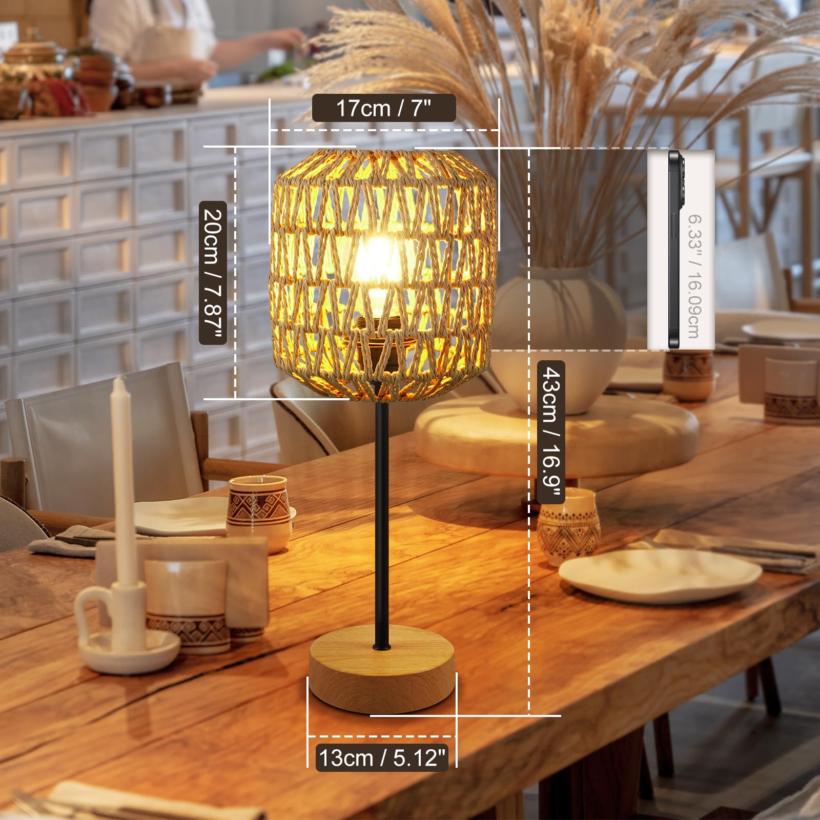 HYMELA Boho Rattan Table Lamp with Touch Control, Dimmable, USB Port, 17 inch Khaki Base, Multicolor, Bulb Included