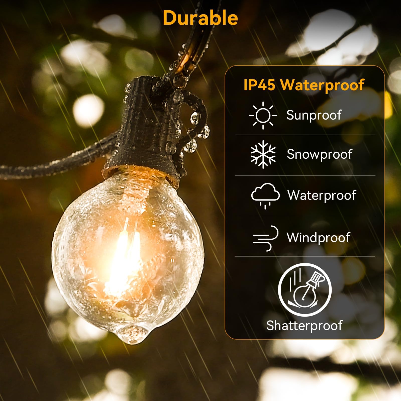 Arbrac 100Ft Outdoor String Lights Waterproof/Connectable/Dimmable With 62 Led Shatterproof Bulbs Ul Listed, G40 Globe 2700K Pat
