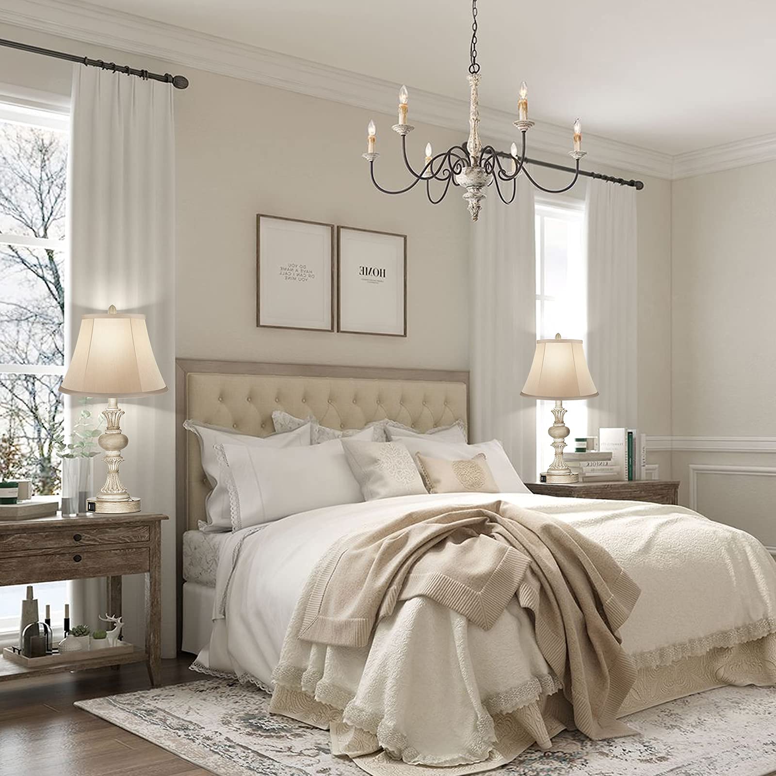 Partphoner Touch Control Table Lamp Set Of 2, 3-Way Dimmable Bedside Nightstand Lamp With 2 Usb Charging Ports, Rustic Farmhouse Desk Lamp With Faux Silk Shade For Living Room, Bedroom - Washed White