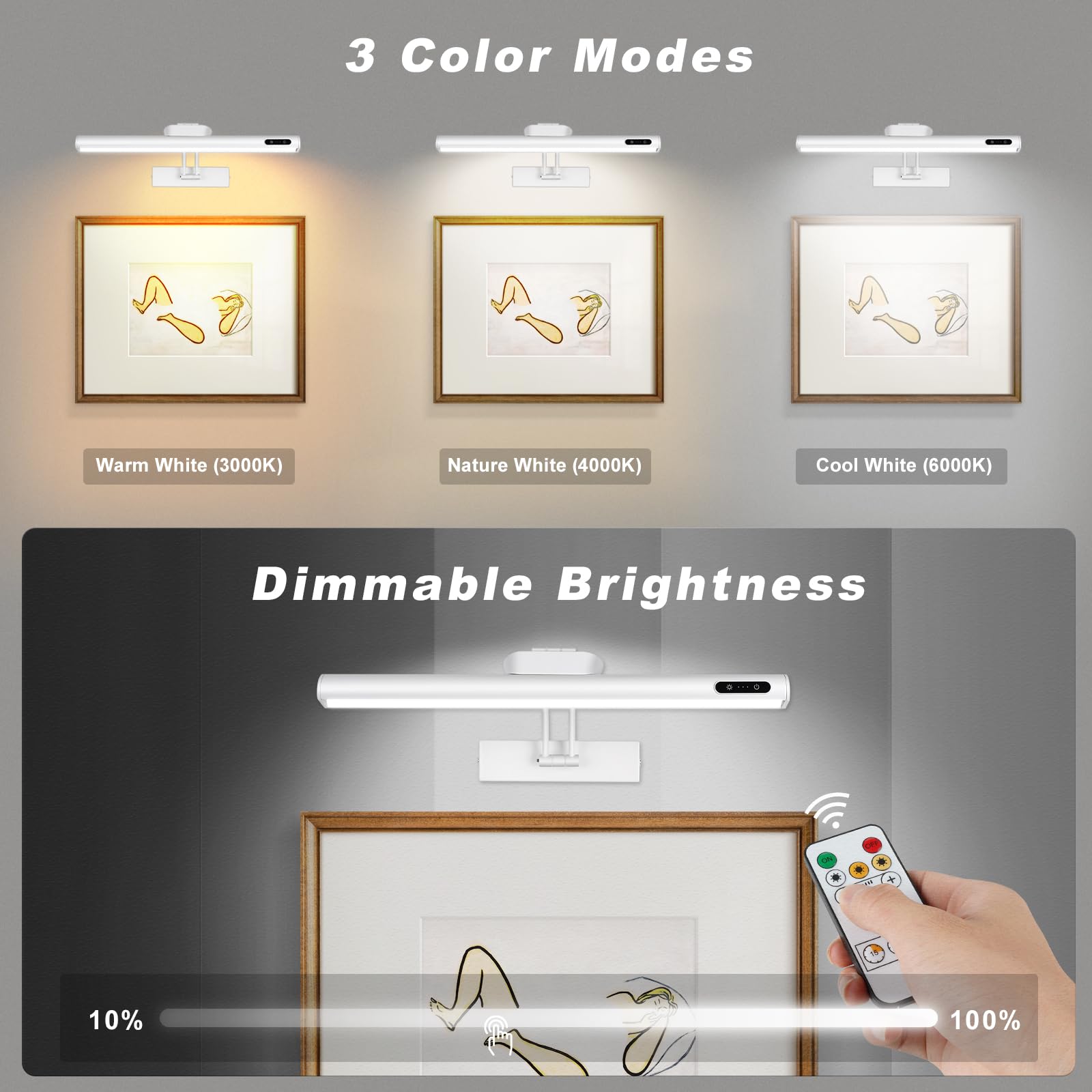 VARICART Magnetic Wireless Picture Light, 16in Metal, Rechargeable, Dimmable, Adjustable, White, Model 12d20244-aa55-408c-a695-74a58