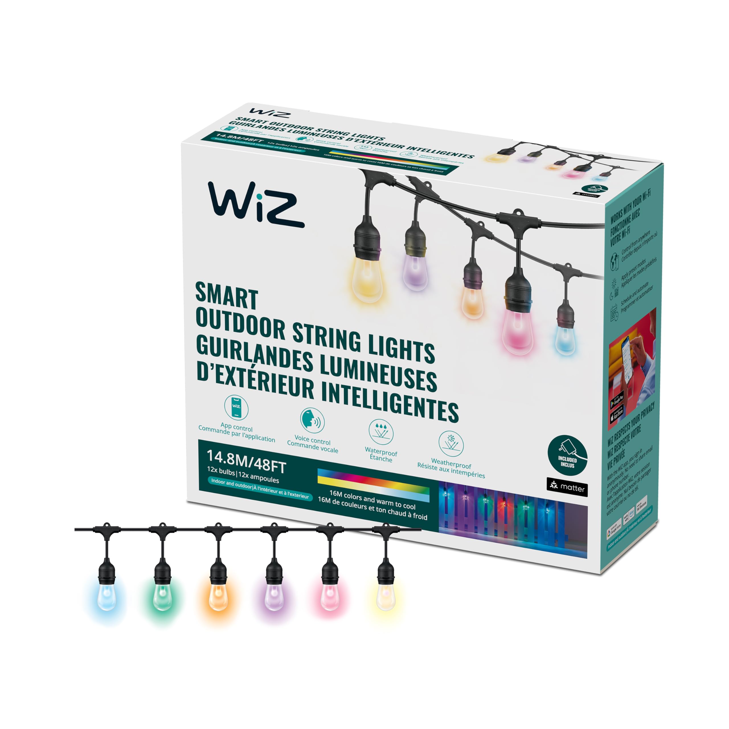 WiZ Connected 48FT Color Changing Outdoor String Lights - Water and Weatherproof - Adapter Included - Control with Wiz Connected