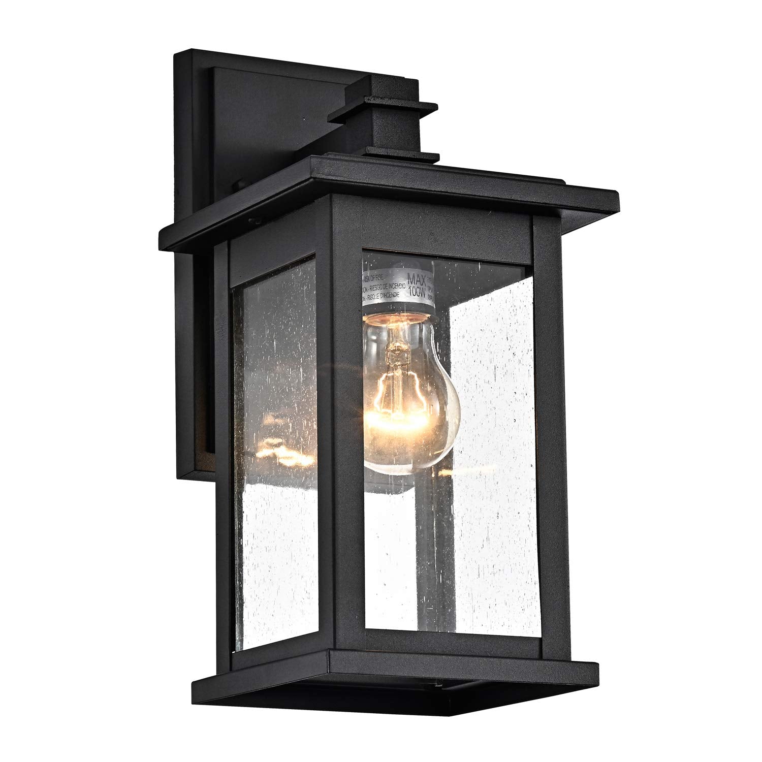 MICSIU Black Outdoor Wall Lantern Light Fixture, 12in H, Metal, Clear Seedy Glass, Model A19007