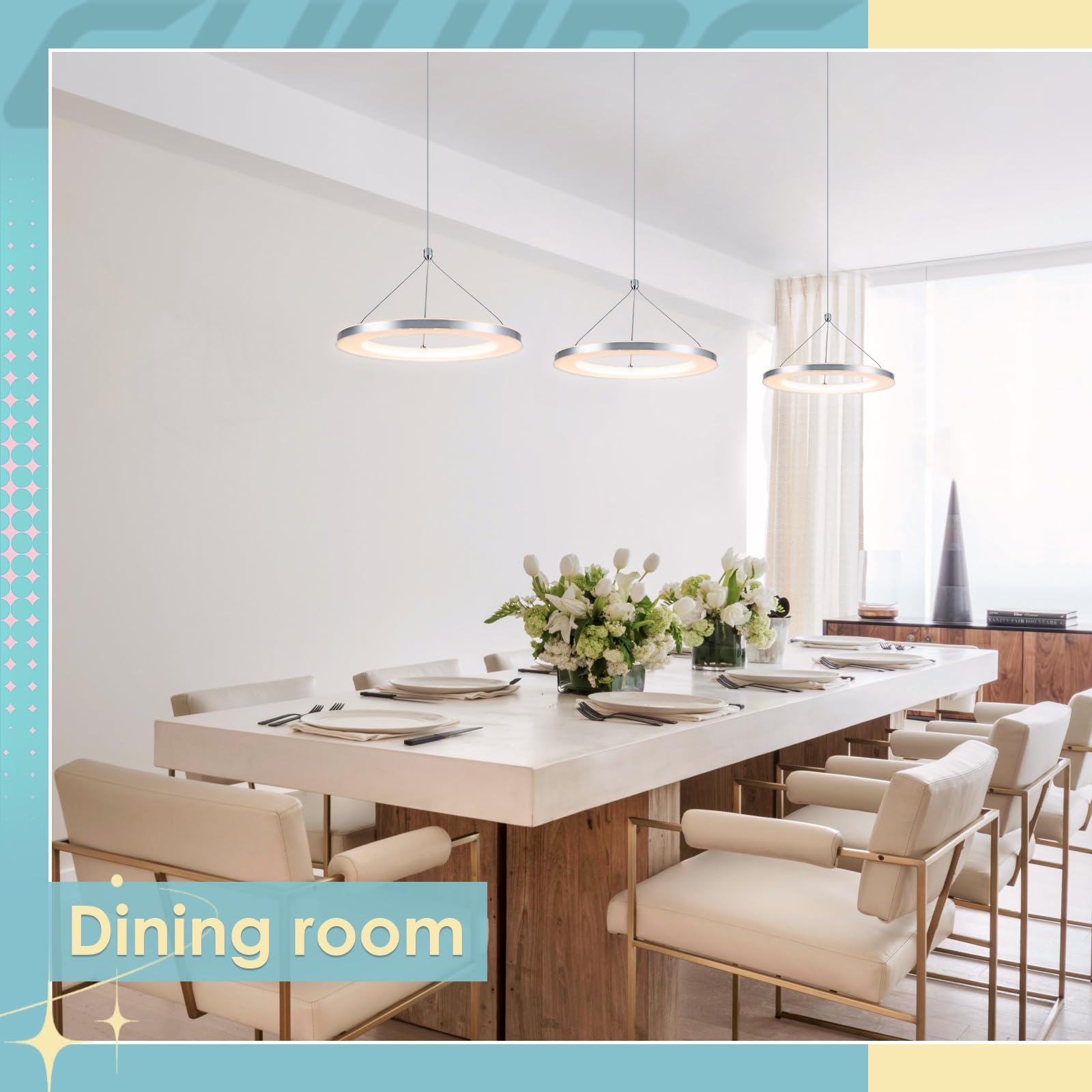 Chying Silver Led Pendant Light Kitchen Island Modern Pendant Lighting 15W Contemporary 1-Ring Hanging Light Fixture For Dining Room Living Room Bedroom, 3000K