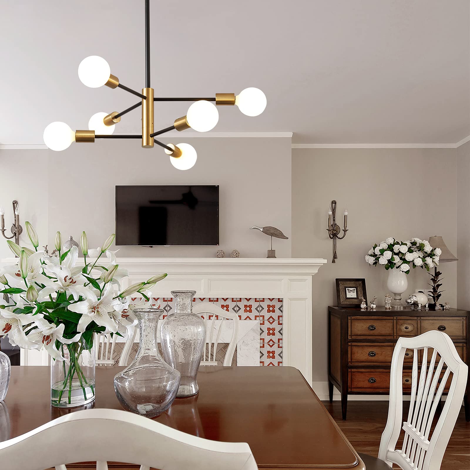 Kaisite Modern Sputnik Chandelier - 6 Light Chandelier With Height Adjustment, Black And Gold Finish For Kitchen, Bedroom And Fo