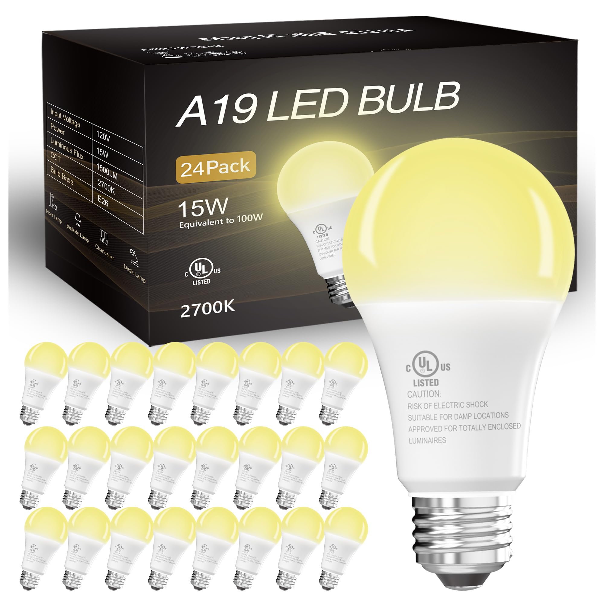 Dalattin 24 Pack Led Bulbs Soft White 2700K, 100 Watt Equivalent A19 Standard Bulbs, E26 Base, 1500 Lm, Efficient 15W Energy Sav