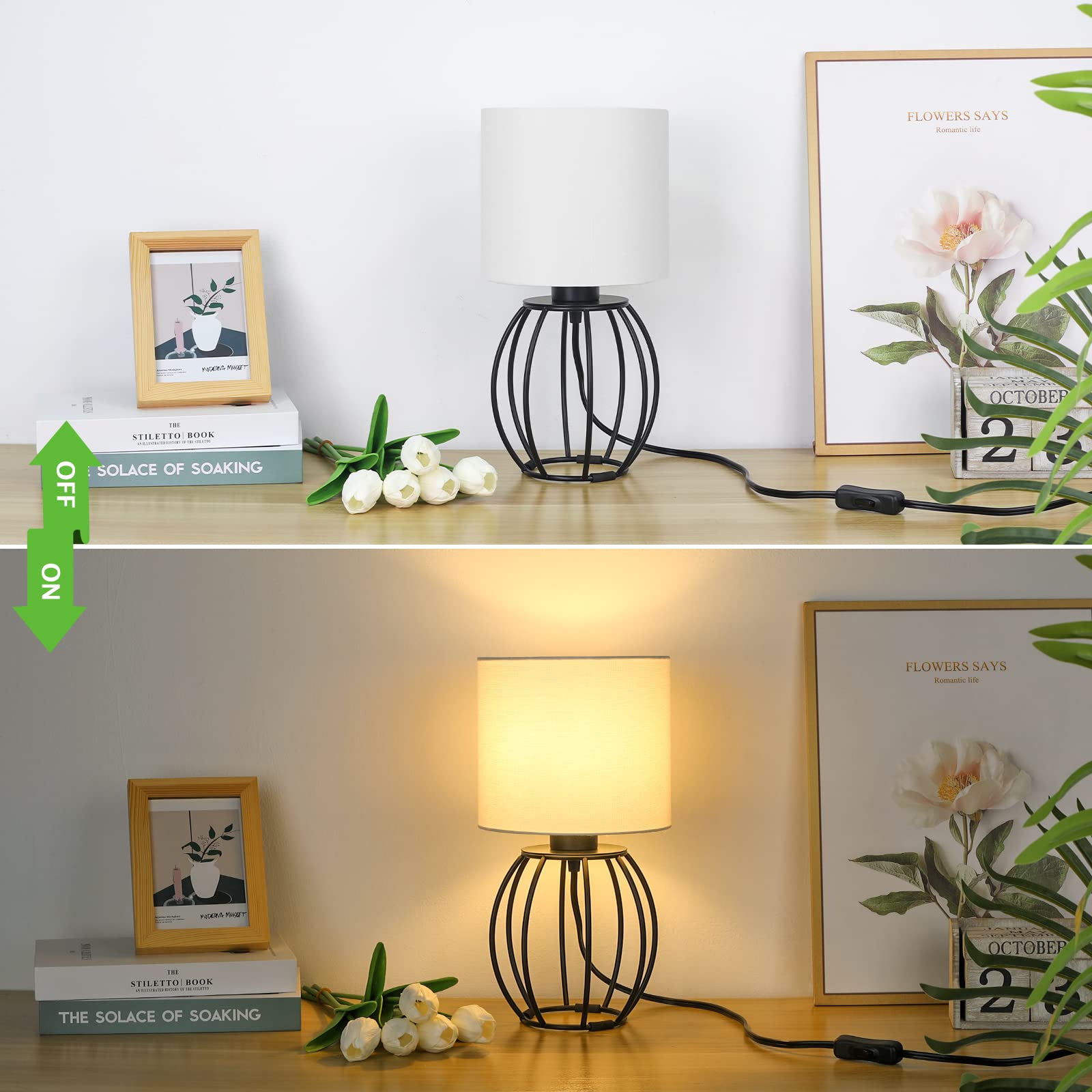 Brightever Set of 2 Table Lamps for Bedroom, Modern Bedside Nightstand Lamps with White Fabric Shade and Black Metal Base, Small