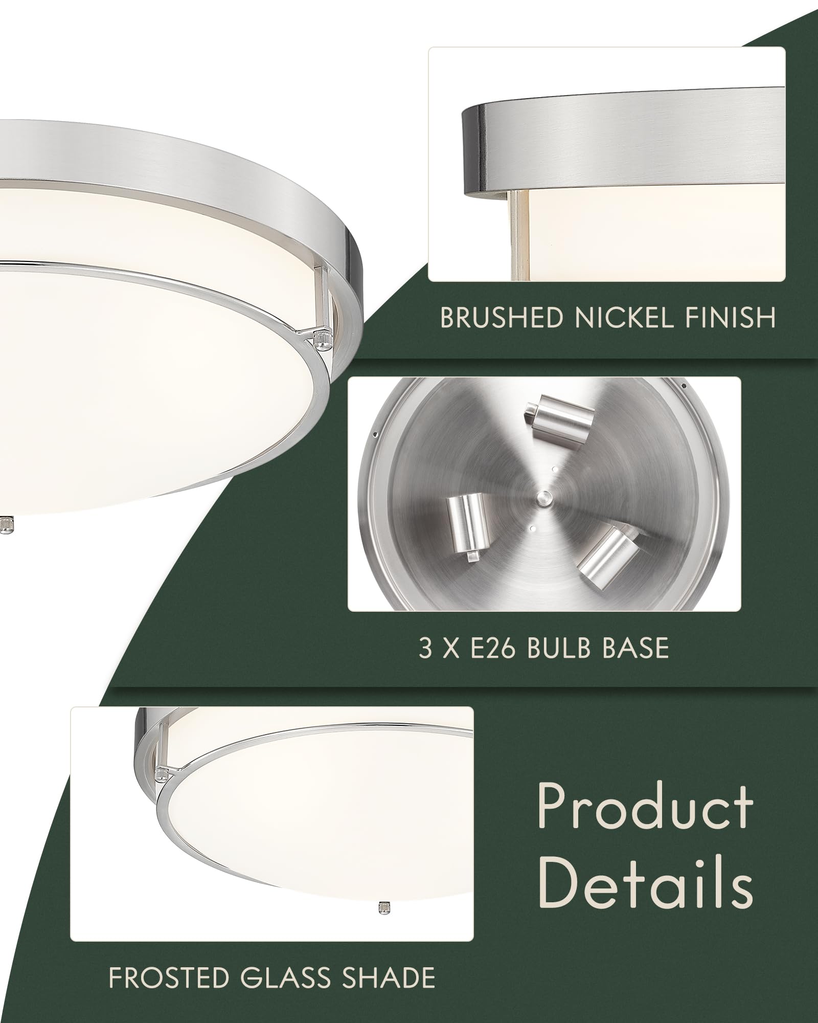Cargifak 16 Inch Close To Ceiling Light Fixtures, Brushed Nickel Farmhouse Ceiling Light With 3 Light For Laundry Kitchen Bedroo