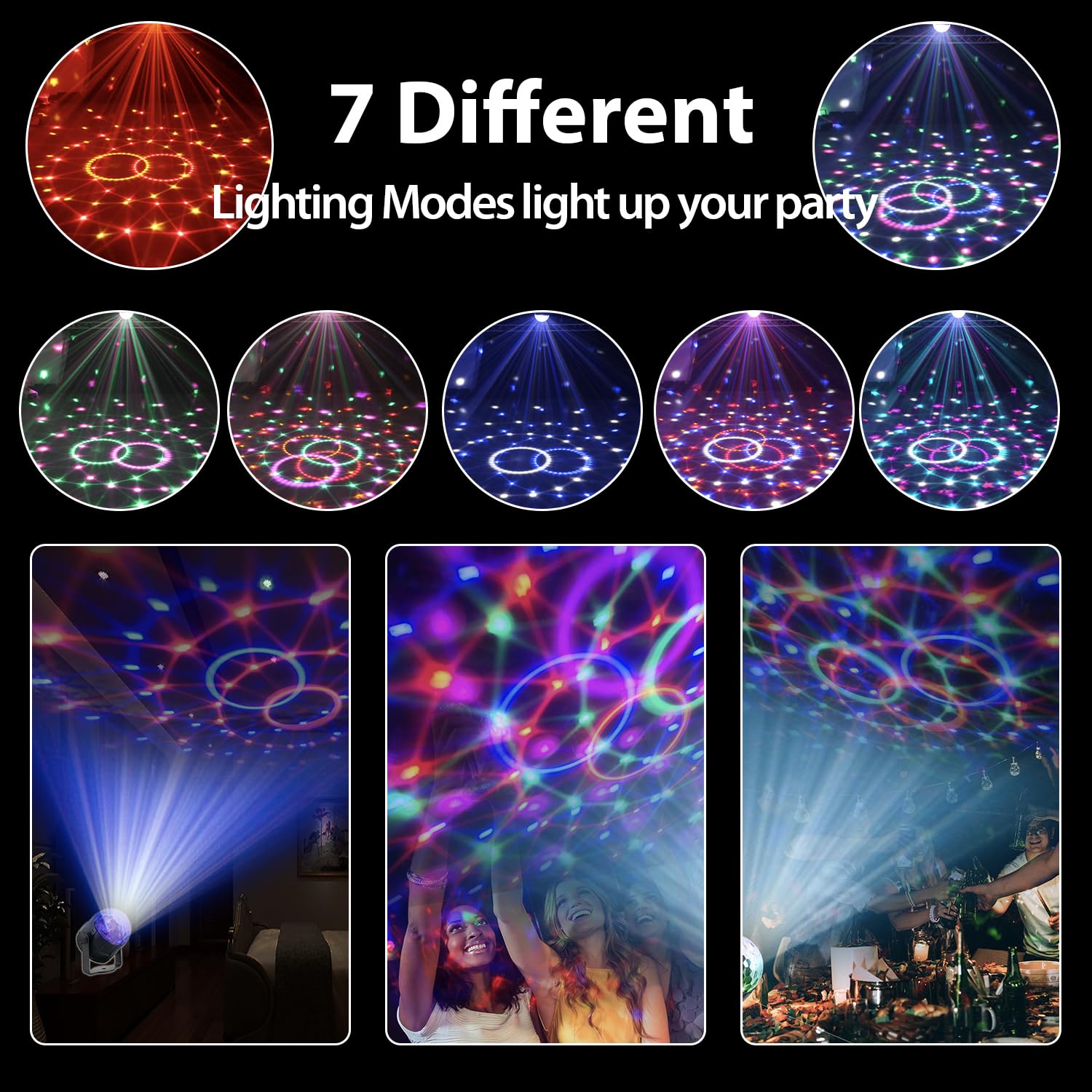 NEQUARE DJ Disco Ball Strobe Lights, 7 Colors, Sound Activated, 3 Pack, Remote Control, Multicolor, Model YU-WUTAIDNEG-3B