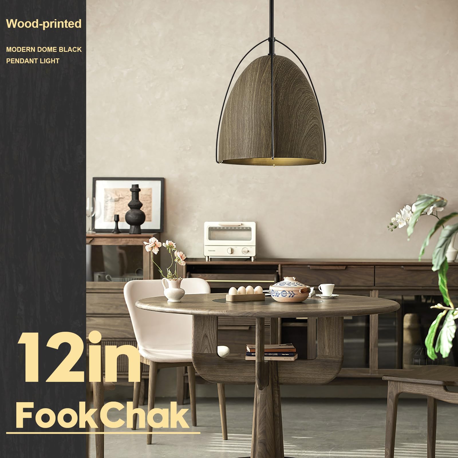 Fookchak Large Dome Pendant Light 3-Light Kitchen Pendant Light Fixture 12In Wood Printed Black Pendant Lighting For Kitchen Isl