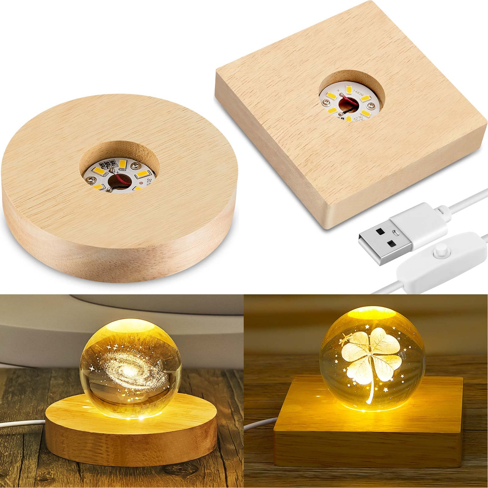 Honoson LED Display Base for Crystal Glass Art - 2 Pcs Wooden Stand with 6 LEDs, Square & Round, Wood Grain Finish
