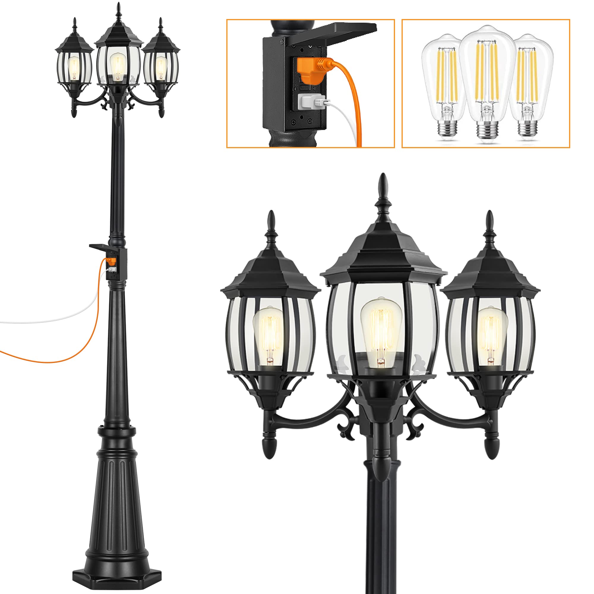 PARTPHONER Outdoor Lamp Post Light with GFCI Outlet, 3-Head, Black, Aluminum, Model PL004, 3 LED Bulbs Included