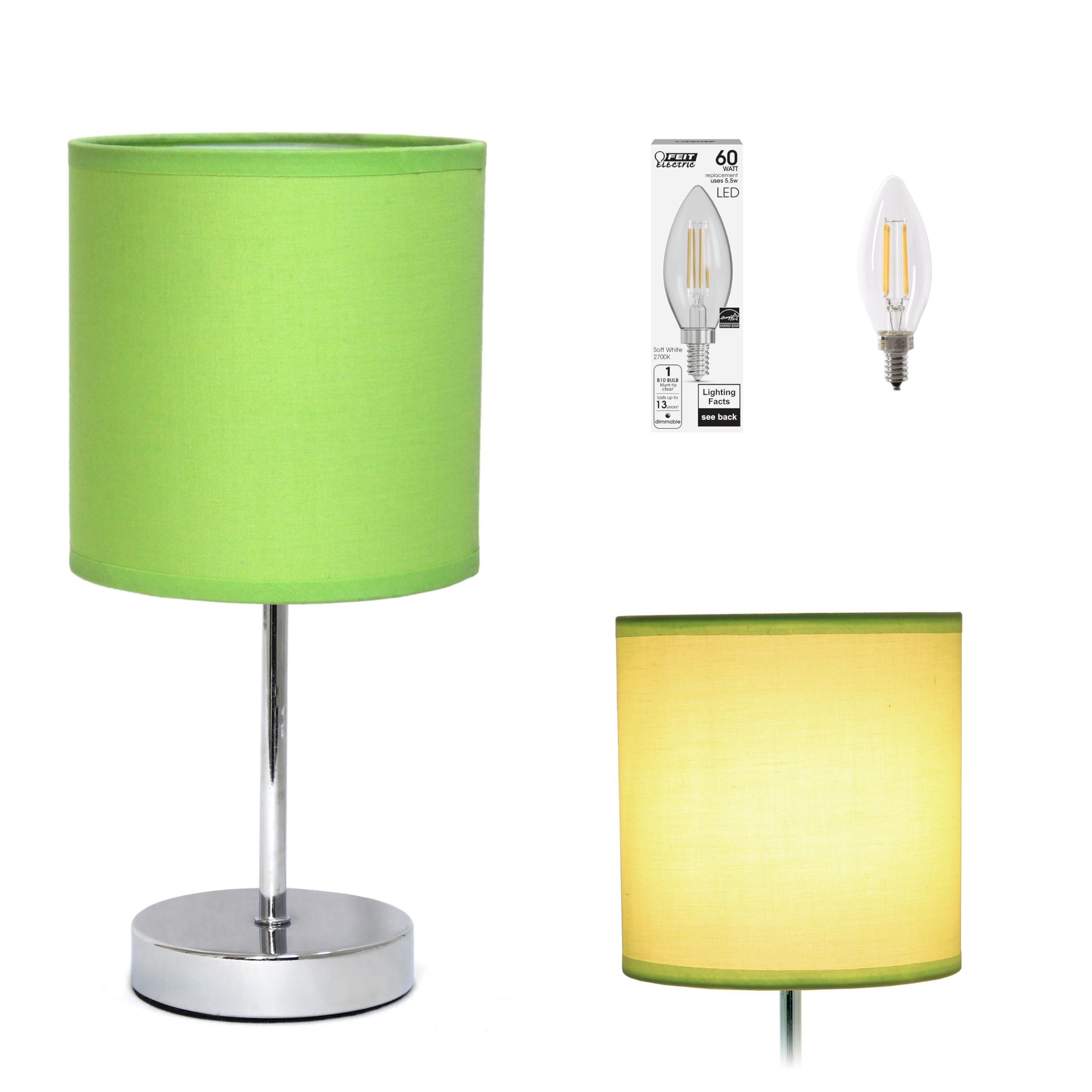 Simple Designs Lt2007-Grn-Lb Basic Chrome Mini Table Lamp For Living Room, Nightstand, Desk, Countertop, Green, With Feit Led Bu