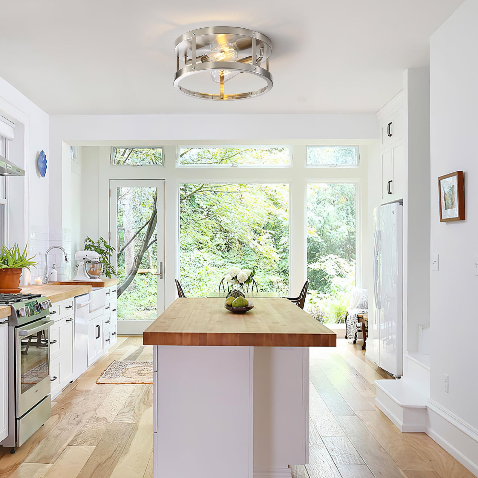 Eietonte Farmhouse Semi Flush Mount Ceiling Light, Brushed Nickel 11Inch 2-Light Metal Cage Light Fixture Ceiling Mount, Industr