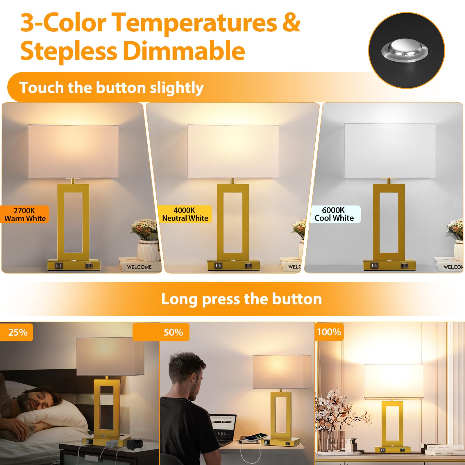 Kondras 3 Color Temperatures Touch Control Table Lamps Set Of 2, Stepless Dimmable Bedside Lamps With 2 Usb Ports&Ac Outlet, Mod