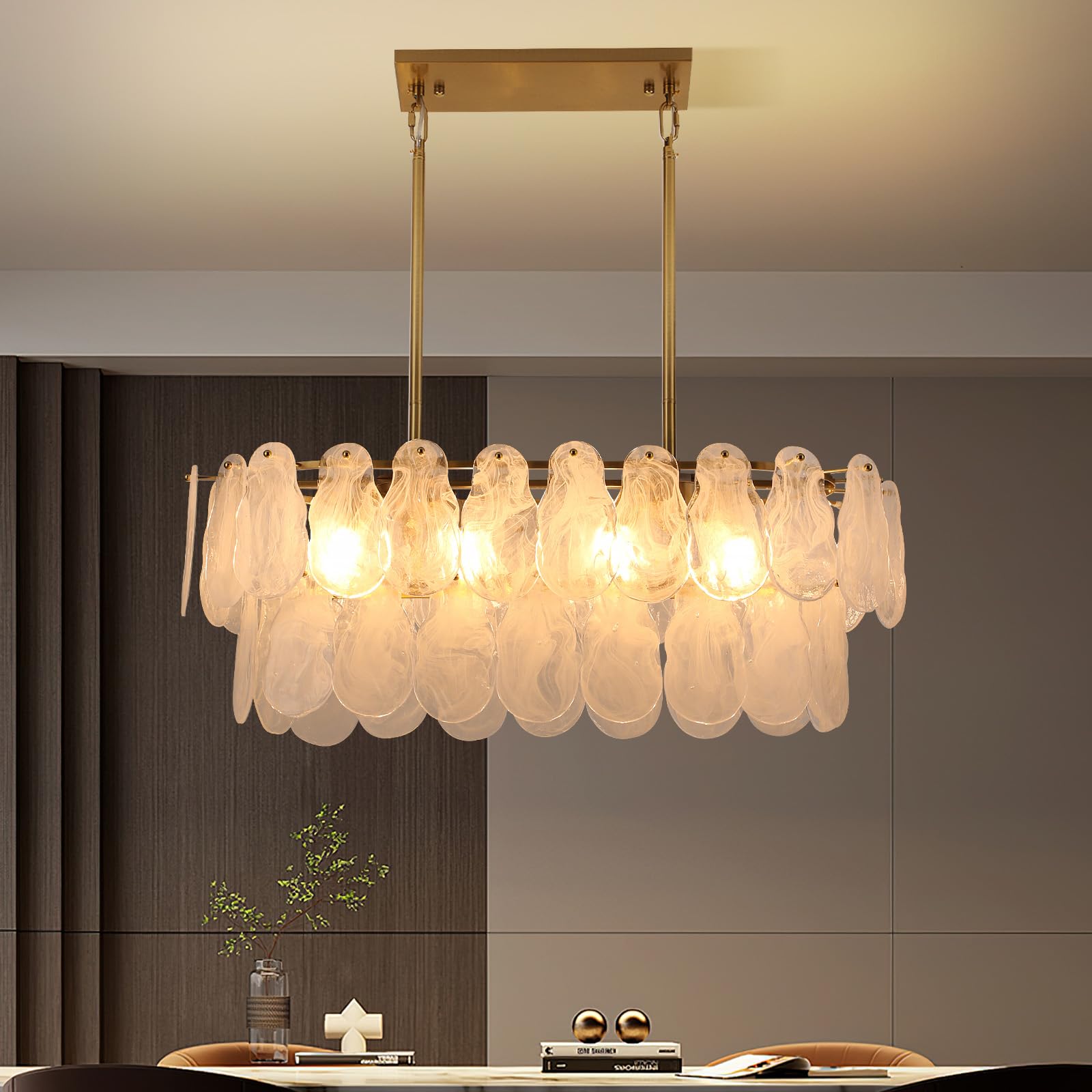 Axamate Gold Crystal Chandelier Rectangular Pendant Lighting 8-Light Crystal Chandeliers for Kitchen Island Cloud Glass 2-Tier L