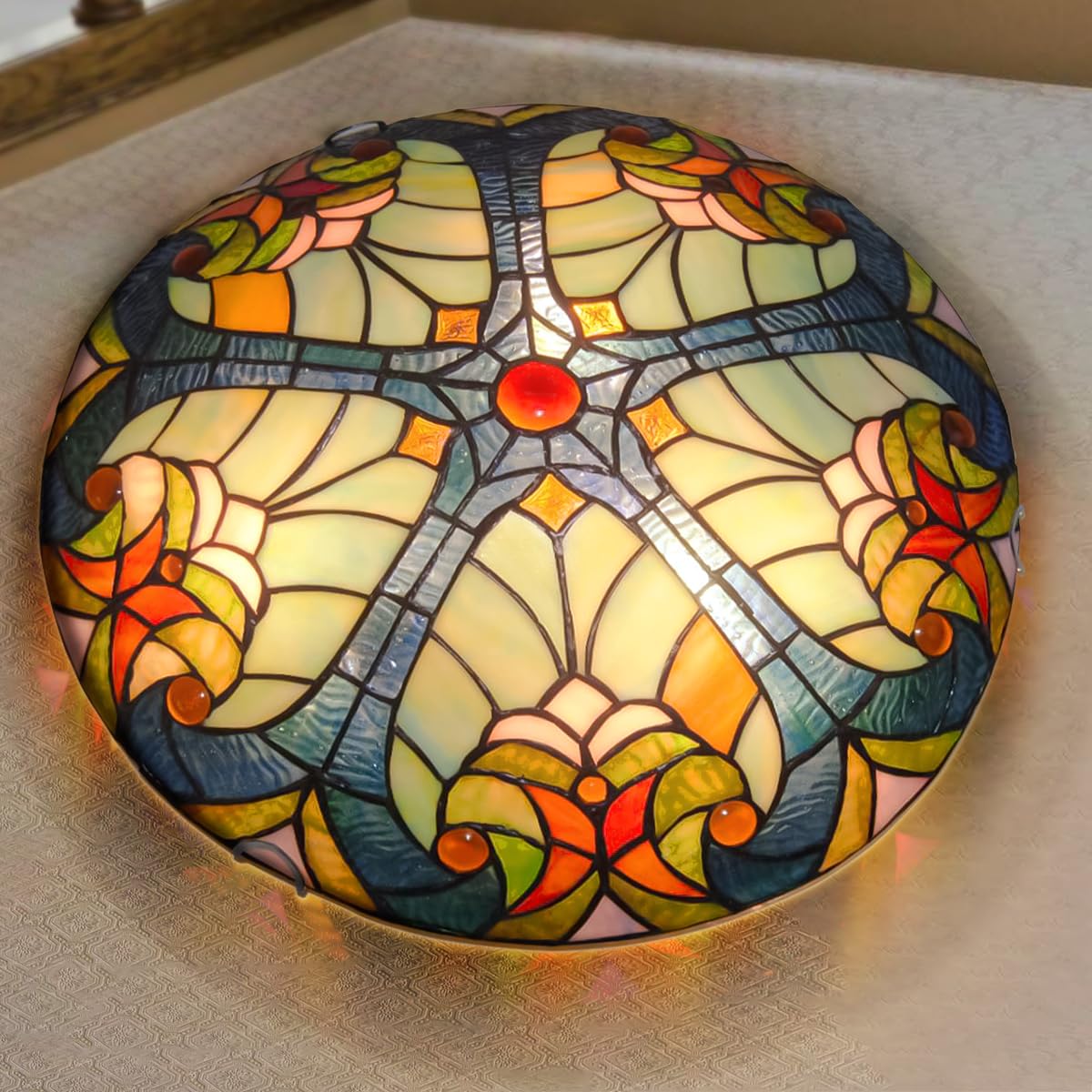16'' Tiffany Style Flush Mount Ceiling Light,Vintage 3-Light Stained Glass Decor Chandeliers Light For Bedroom,Living Room,Entry
