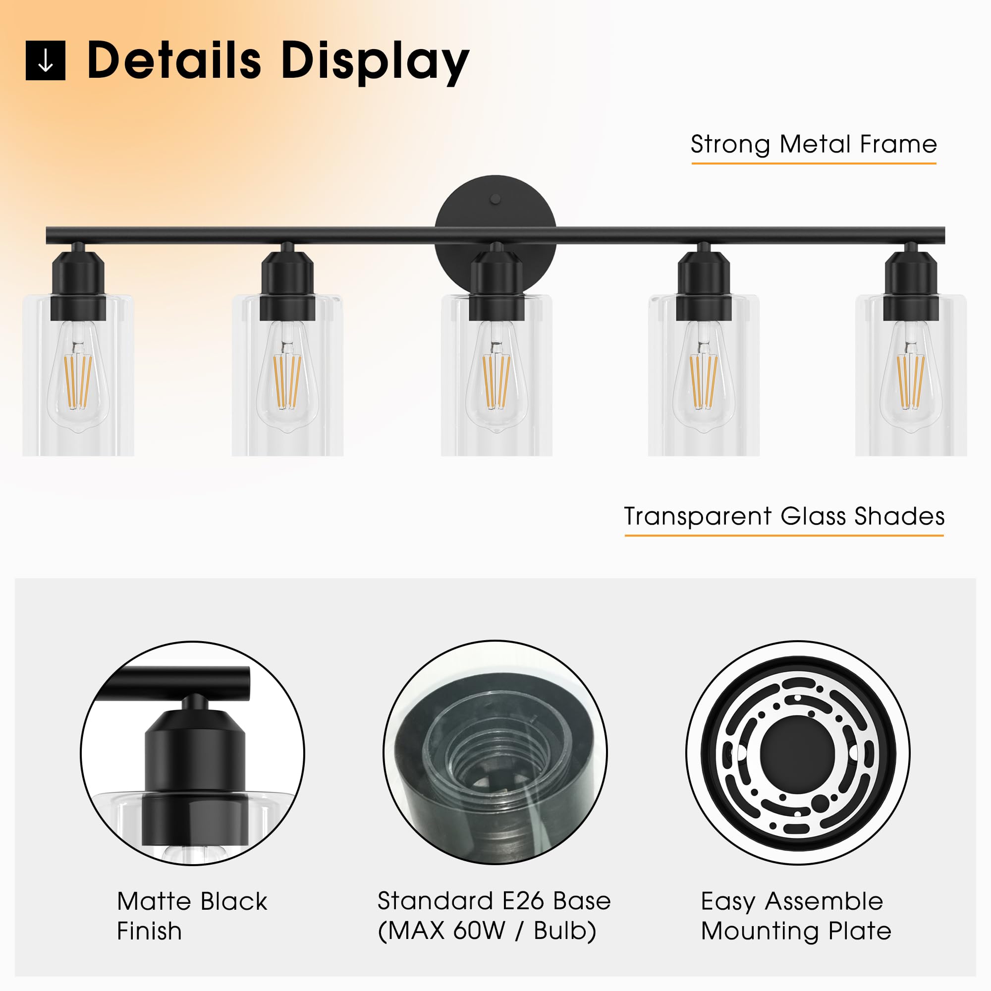 Espird Bathroom Vanity Light Fixture, 5 Lights, Matte Black, Metal, Model L01-5-BK, Modern Wall Sconces with Glass Shades
