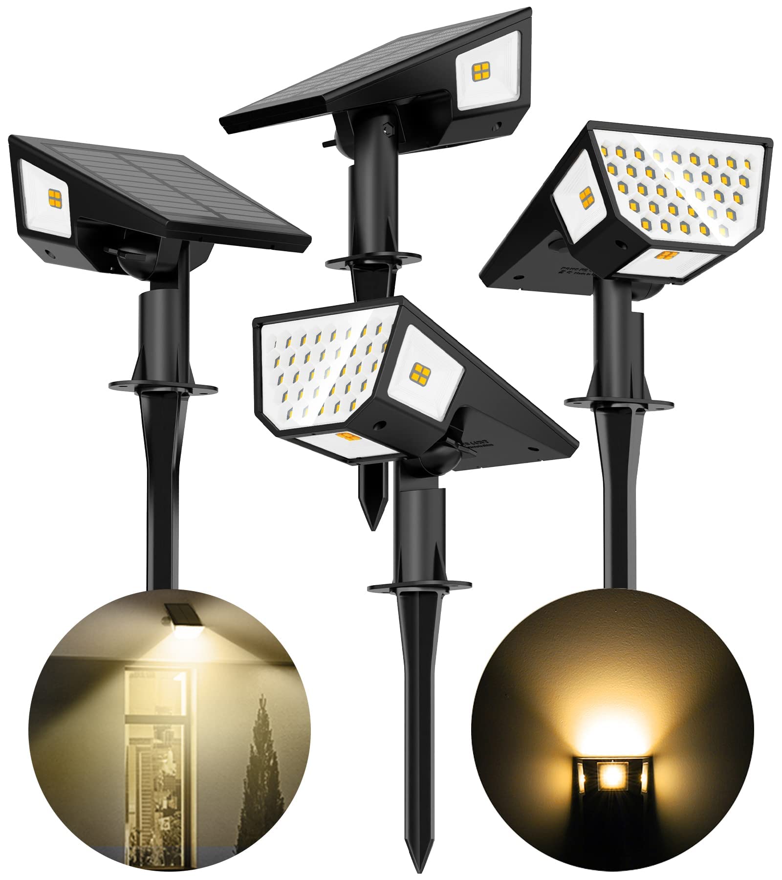 HNES 4 Pack Super Bright Solar Spot Lights Outdoor 47 LEDs 4 Sides Illuminants 300A Light Angle] IP65 Waterproof Solar Outdoor L