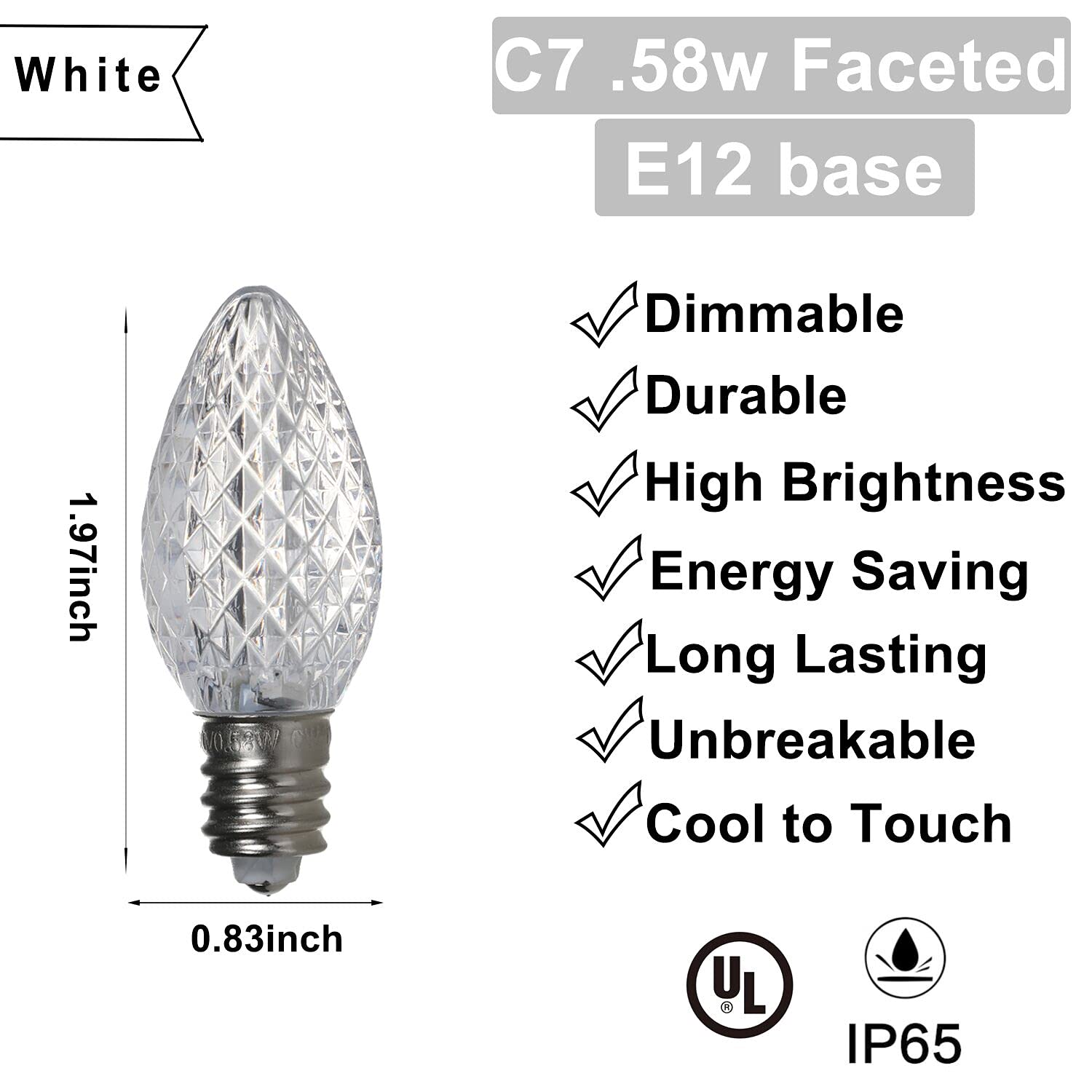 Pack Of 25 C7 Led Christmas Light Replacement Bulbs For Outdoor Holiday Decoration, Ul Ip65 Waterproof Dimmable Faceted C7 Light