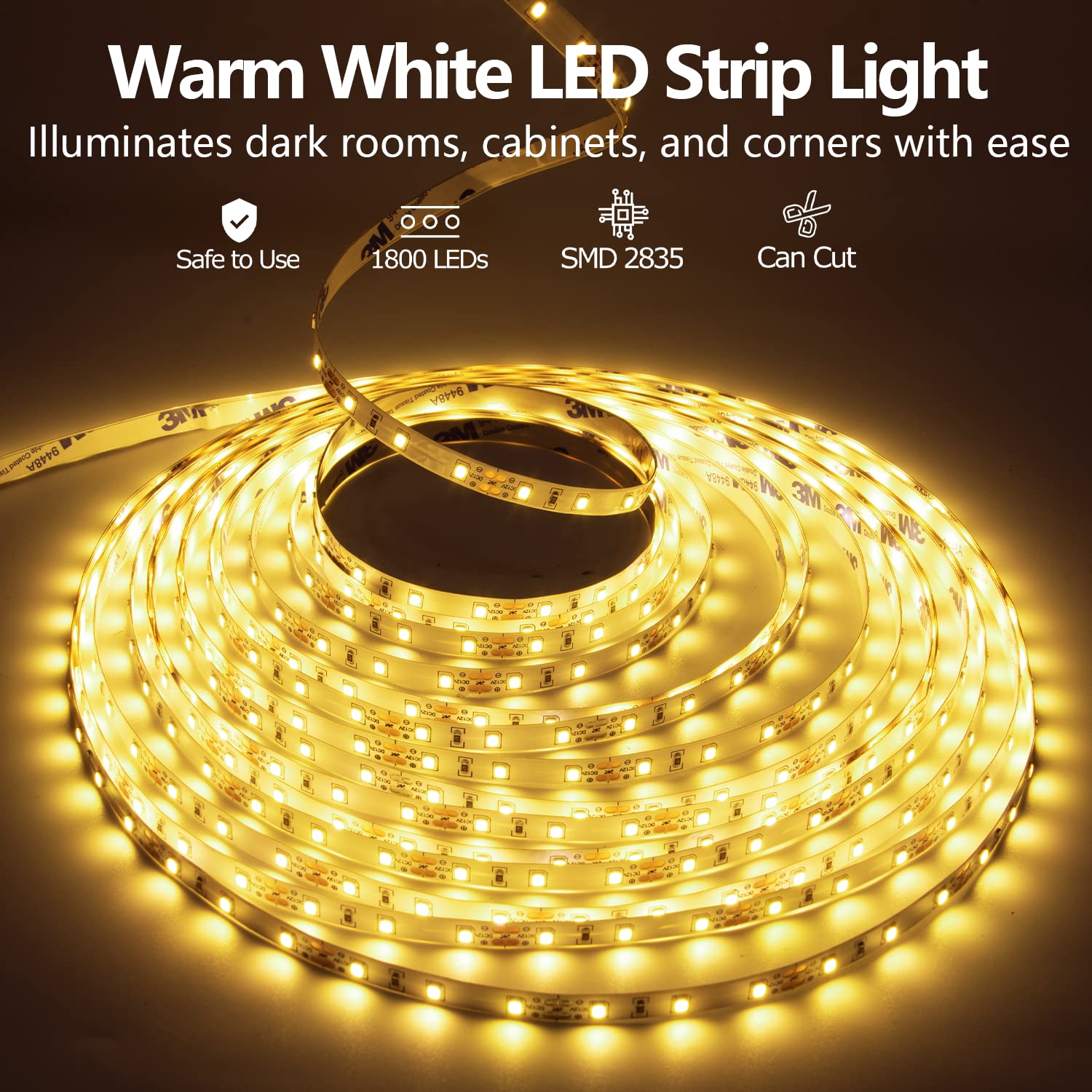 ollrieu LED Strip Lights 100ft Dimmable Warm White 3000K 12V Flexible Ribbon Light Model OL001030-02-US