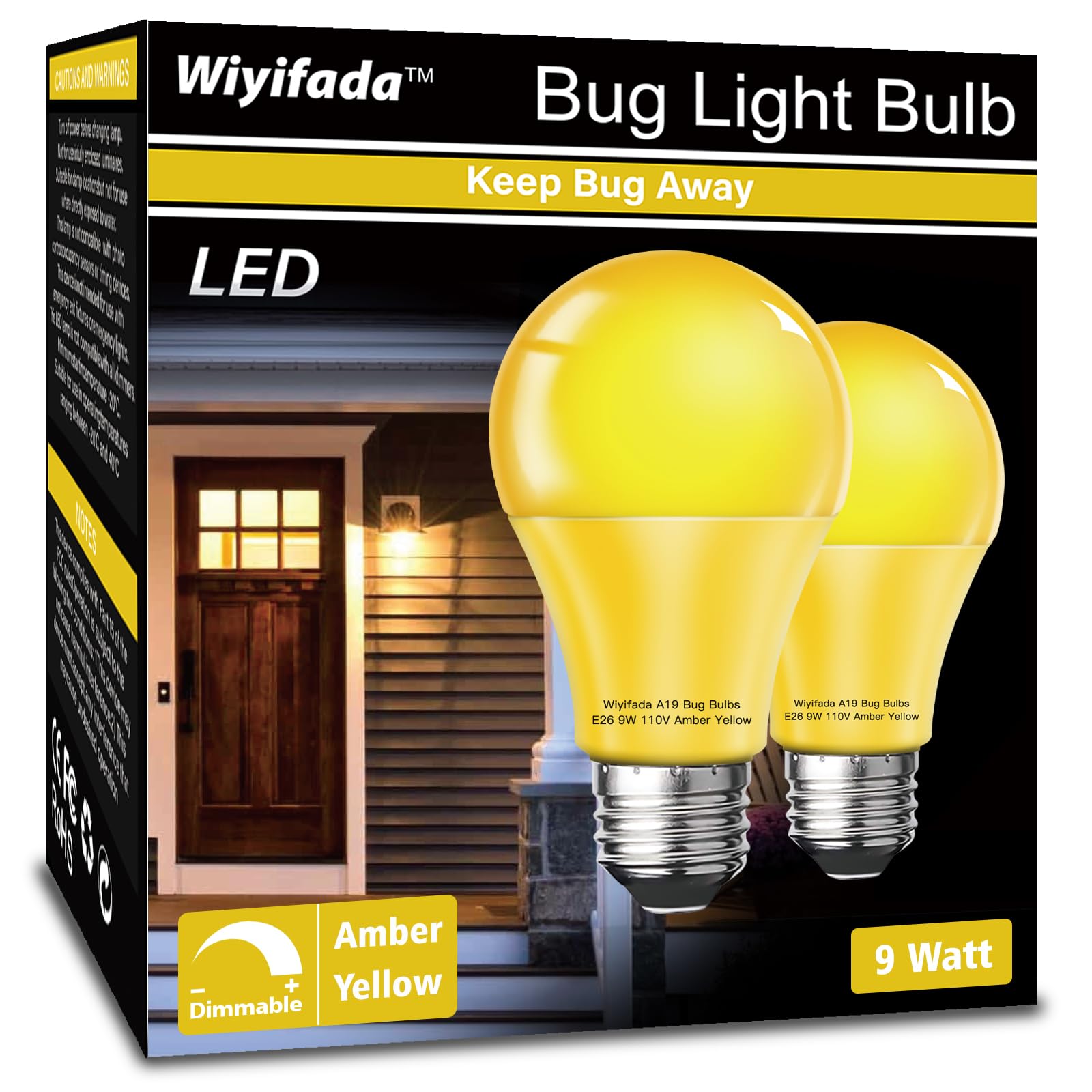 Wiyifada 9W Dimmable Amber Yellow Bug Light Bulbs, 2 Pack, Replace Up To 100W,