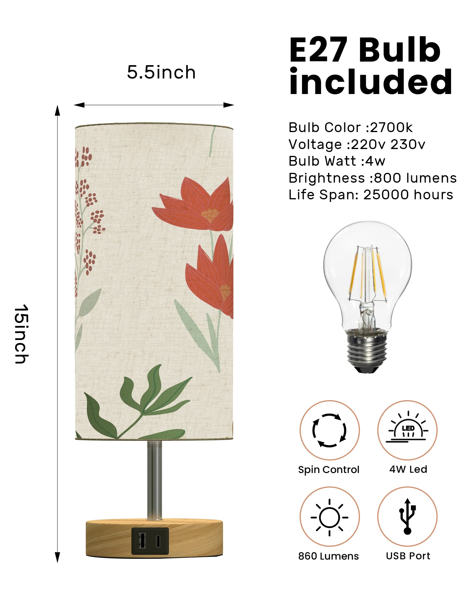 Lanmonlily Touch Bedside Lamp With Two Usb Charging Ports - Three-Way Adjustable Brightness Table Lamp With Patterned Linen Shad