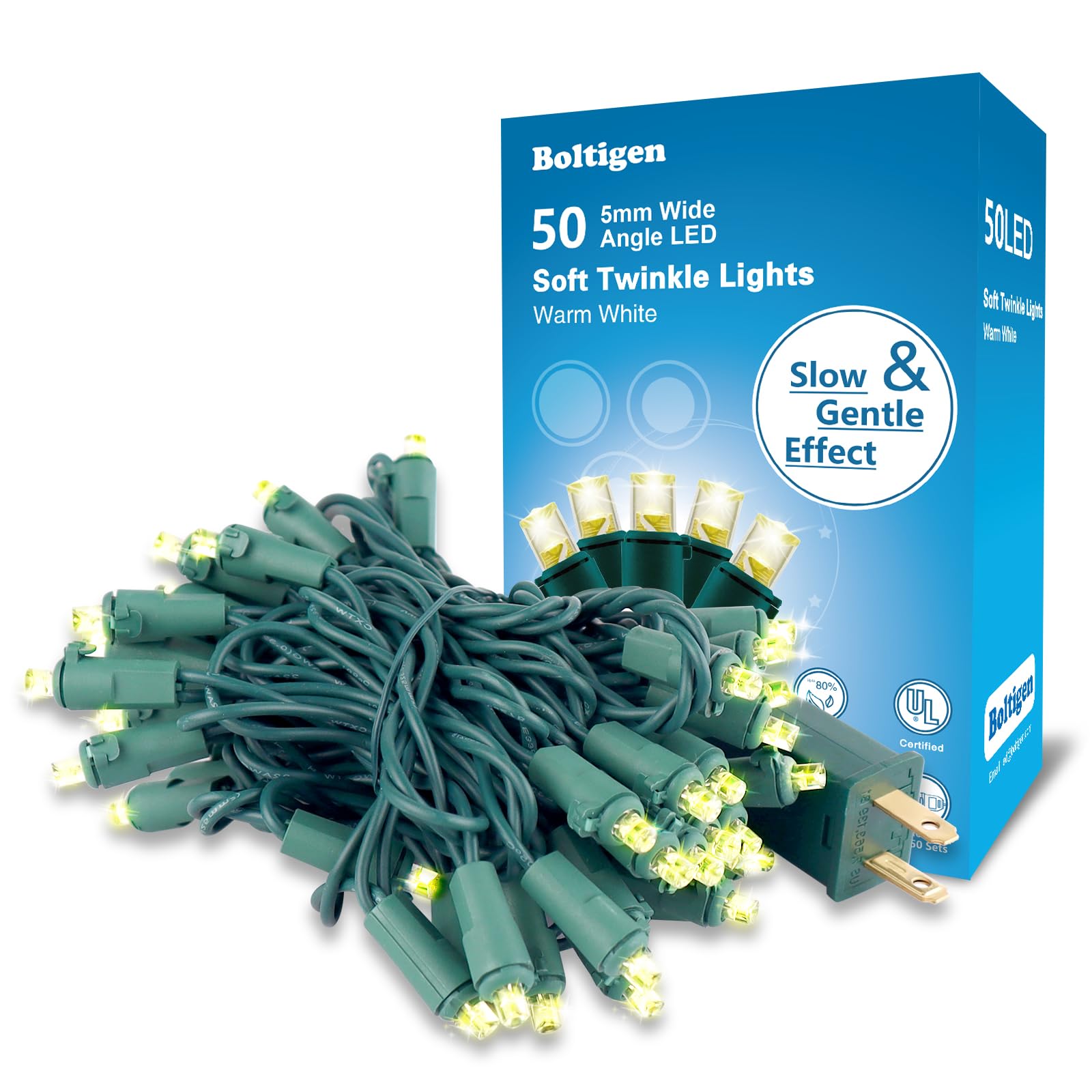 Boltigen Soft Twinkle Lights, 50 LED Slow Twinkling, 5mm Wide Angle Christmas Lights, UL Certified 14.5Ft Extendable for Home Ga