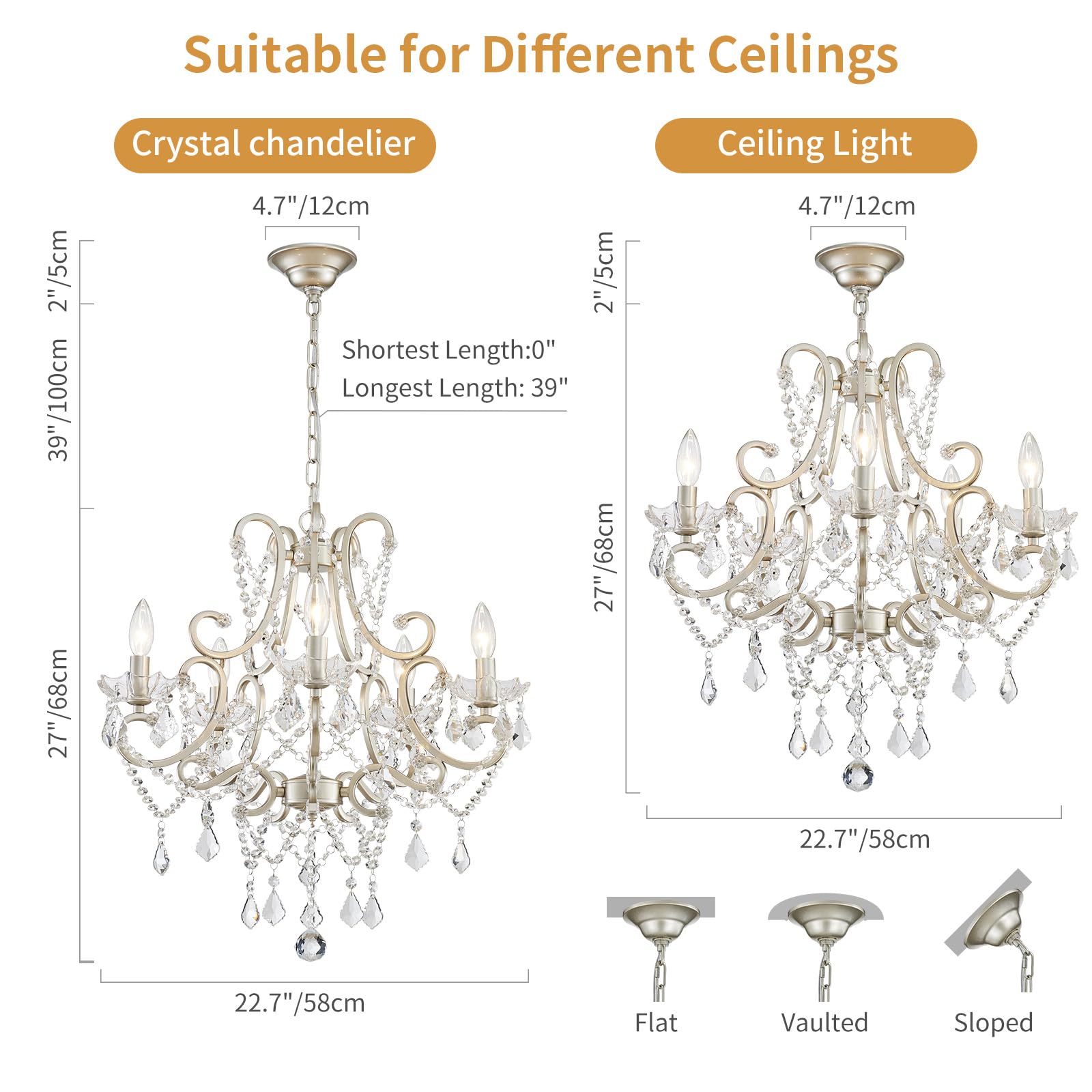 Crystal Chandelier, 5-Light Modern Chandelier For Dining Room Light Fixture, Nickel Finish Pendant Ceiling Light Fixture, Modern