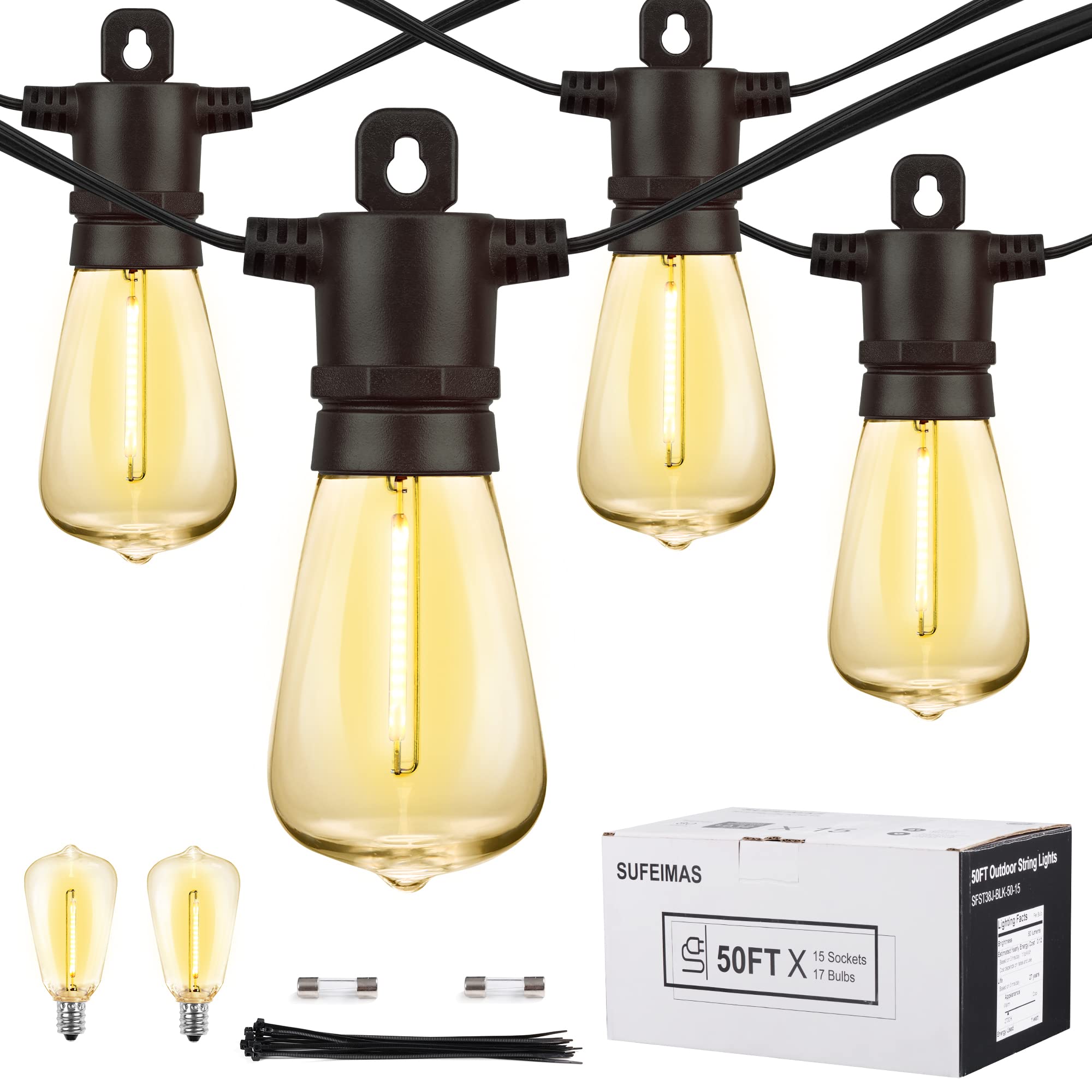 SUFEIMAS Outdoor String Lights LED 150FT with 45 Sockets 48pcs S14 Shattreproof Edison Bulbs,Dimmable LED Outdoor String Lights 