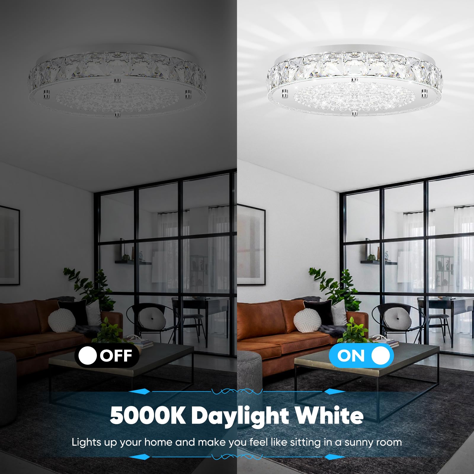Crystal Flush Mount Ceiling Light  Led Chandeliers Light Fixture 19-Inch  5000K Daylight White Super Bright 5000Lm Dimmable Farmhouse Kitchen Lighting Modern Ceiling Lamp For Bedroom Bathroom Nursery
