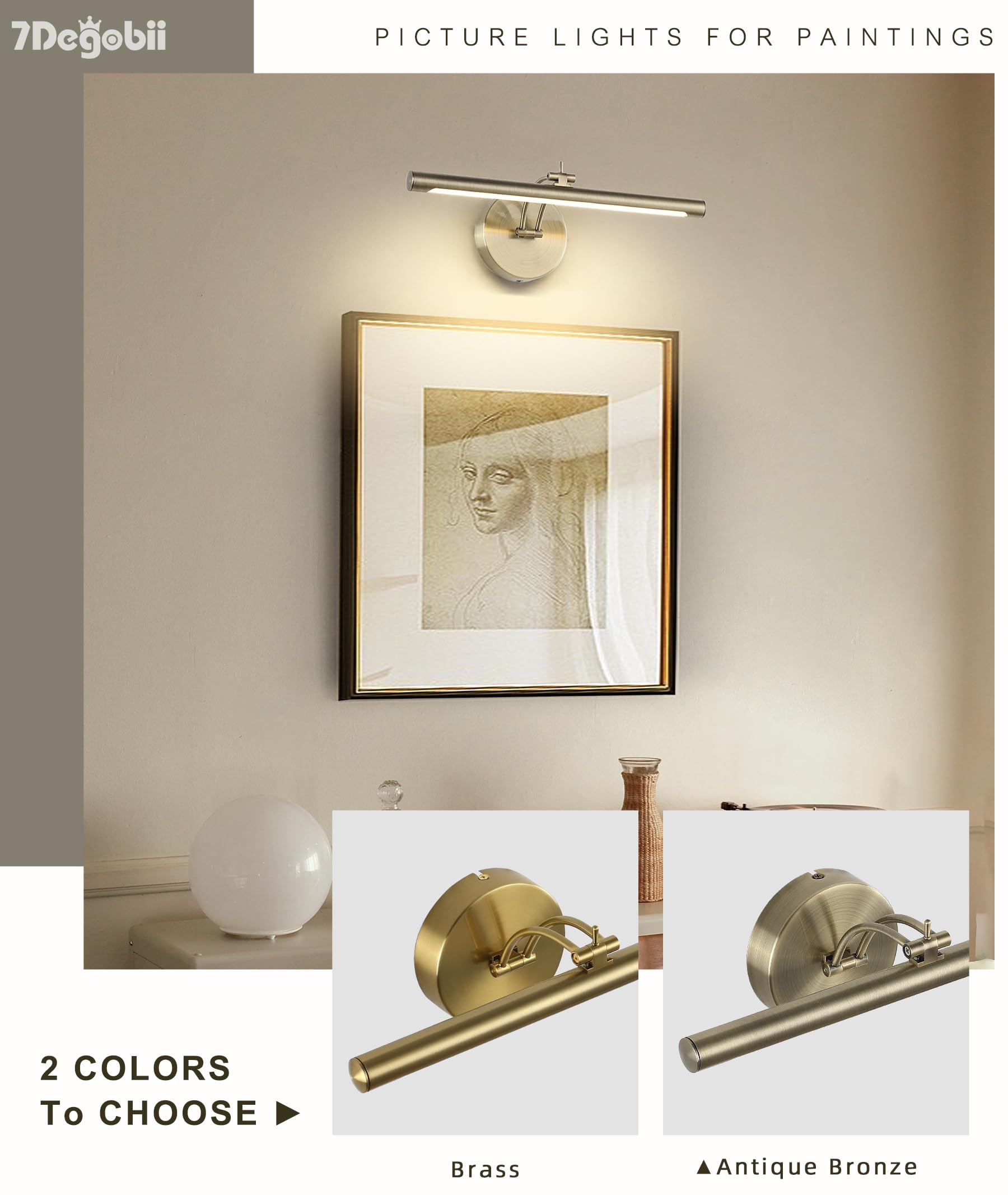 7Degobii Dimmable Picture Light - 15.75" Adjustable Swing Arm, Antique Bronze, 7W LED for Artwork Display, Model 5899