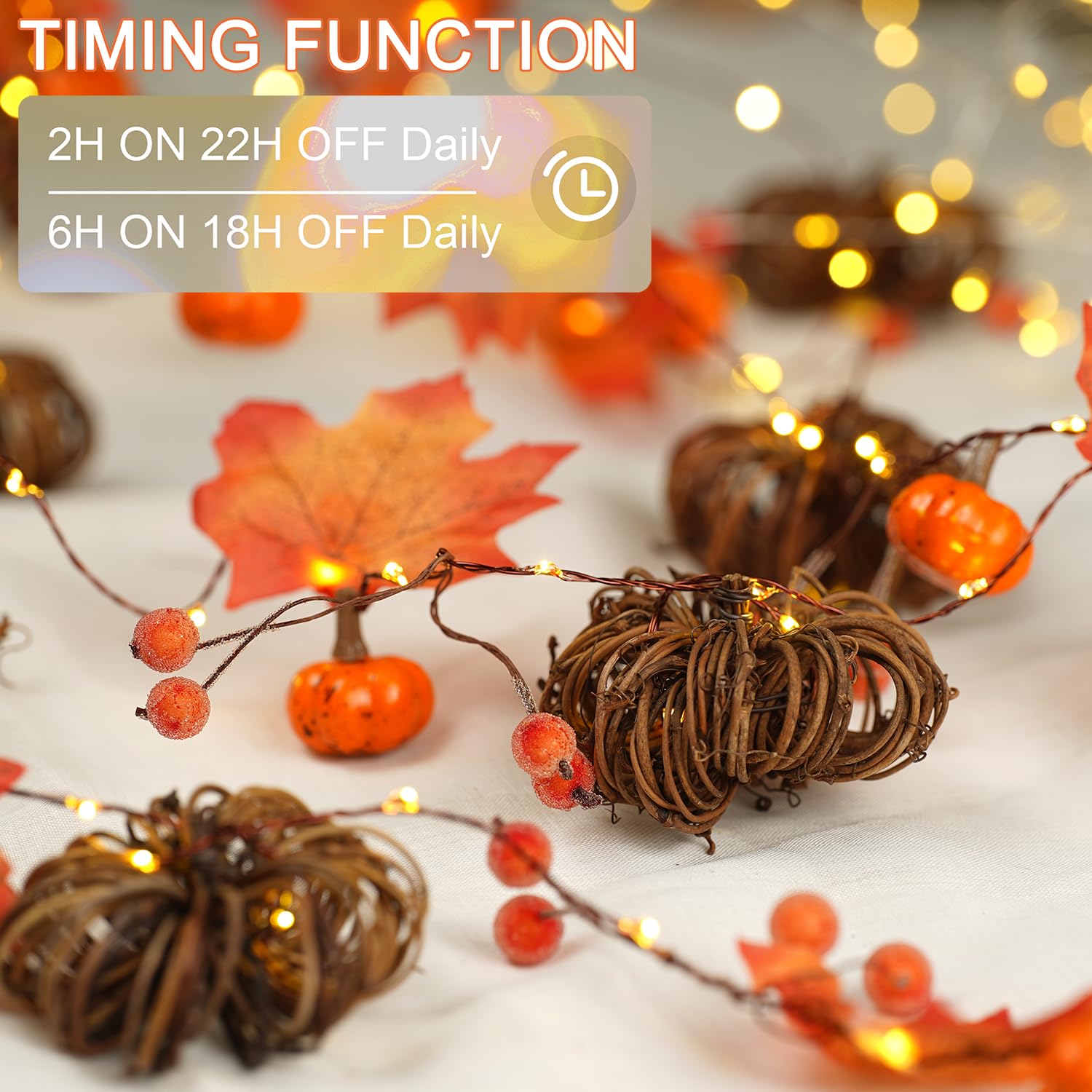 BOHON Rattan Pumpkin String Lights 6.6ft 60 LEDs Battery Operated Fairy Lights for Thanksgiving Autumn Decorations - Orange