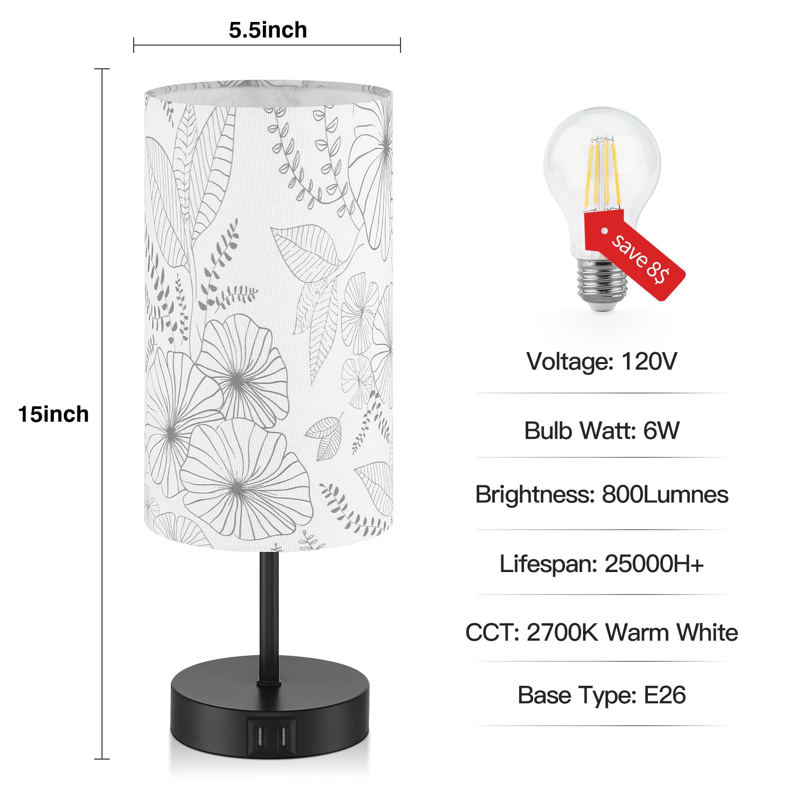Bedside Touch Lamp With 2 Usb Ports, Modern 3 Way Dimmable Small Lamp With Flower Fabric Shade, Nightstand Lamp For Living Room