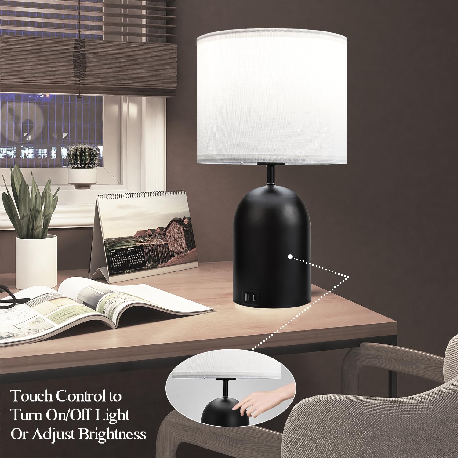 Momyofdy Bedroom Table Lamps Touch Control Bedside Lamps Set Of 2 Dimmable Lamps For Nightstand Small Modern Table Lamp Black& W