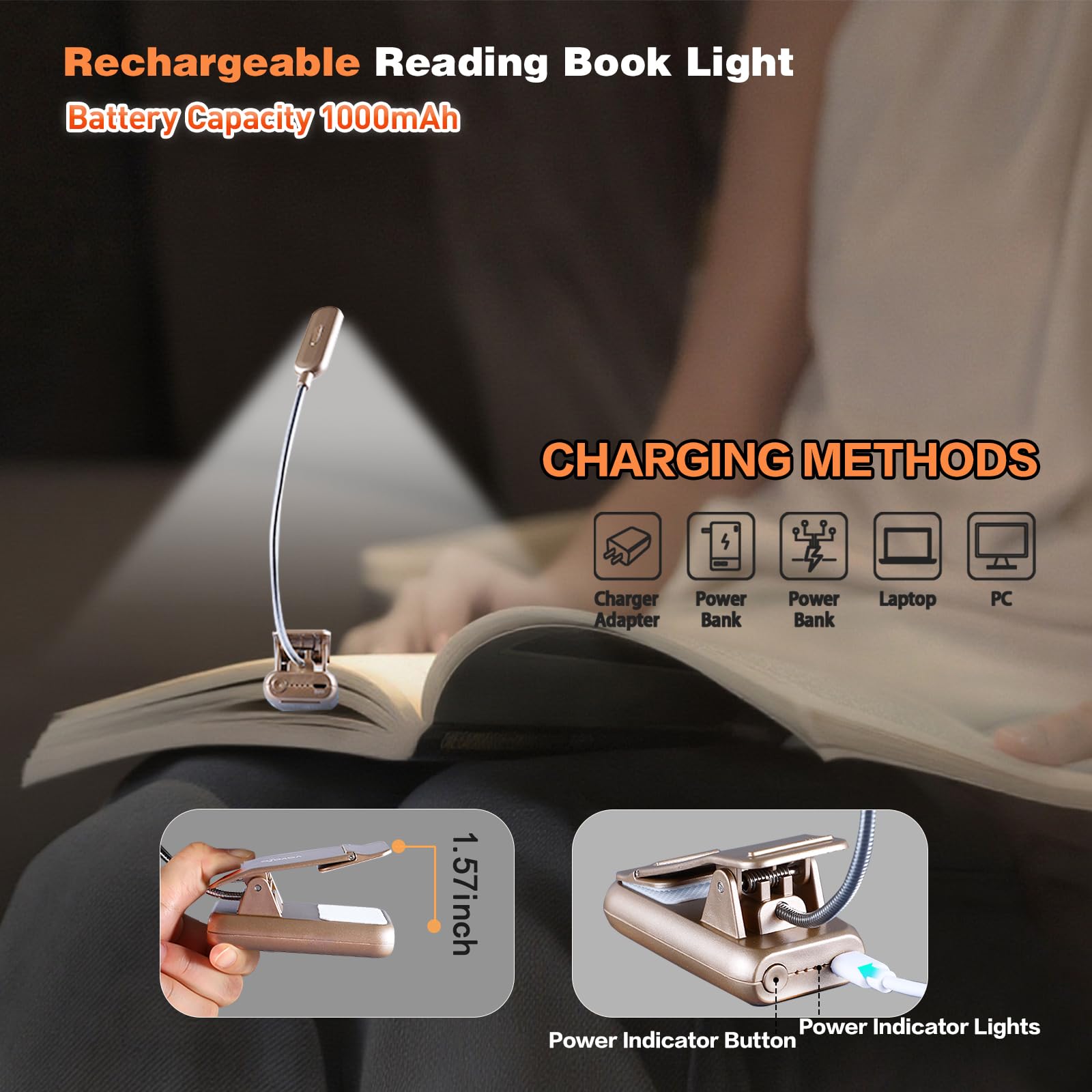 VAVOFO Rechargeable Book Light, 7 LED, 9-Level Warm Cool White, Eye Care, Champagne Gold, Model KM-6720