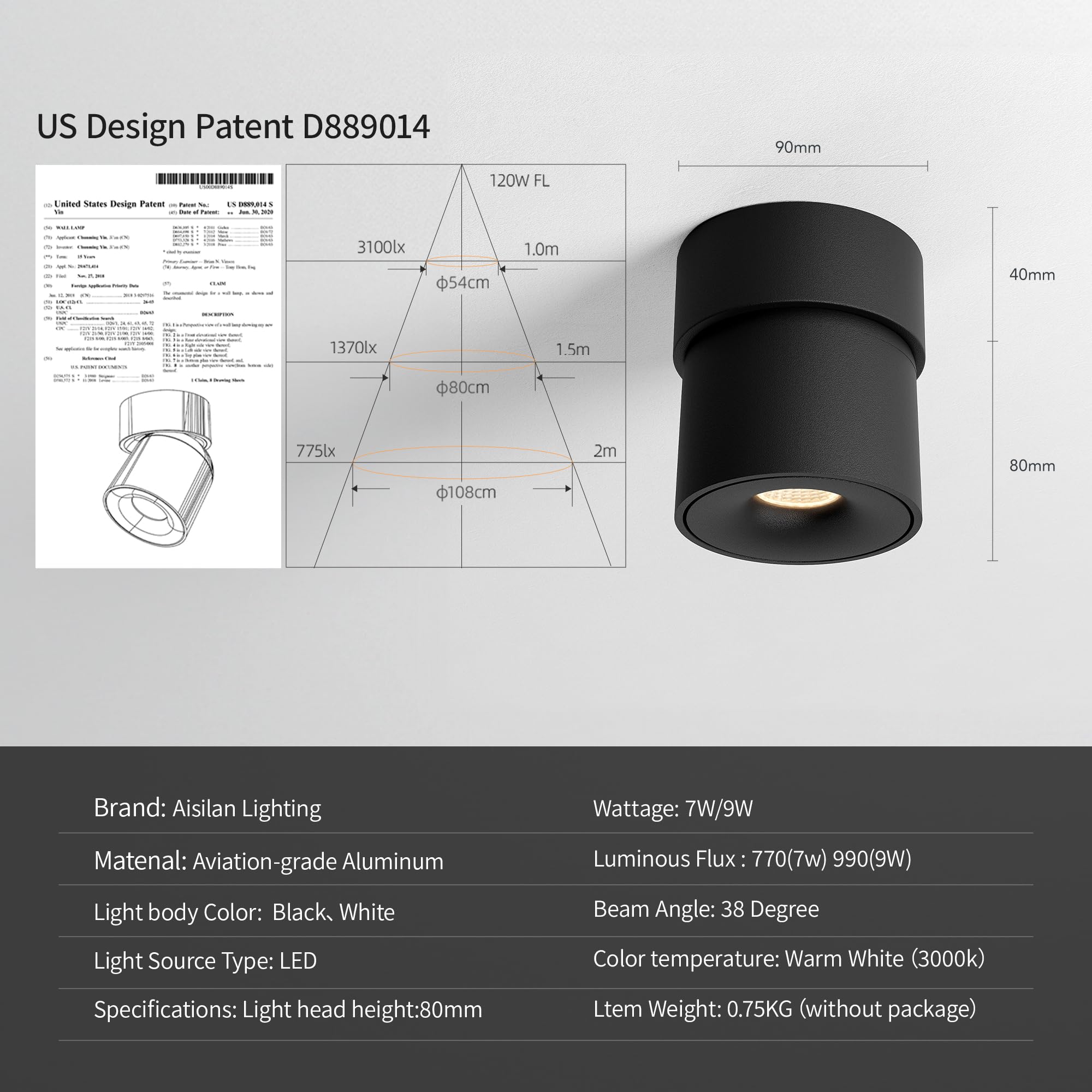 Aisilan LED Dimmable Ceiling Spotlight 7W 3000K Aluminum Black 4-Pack MS052a