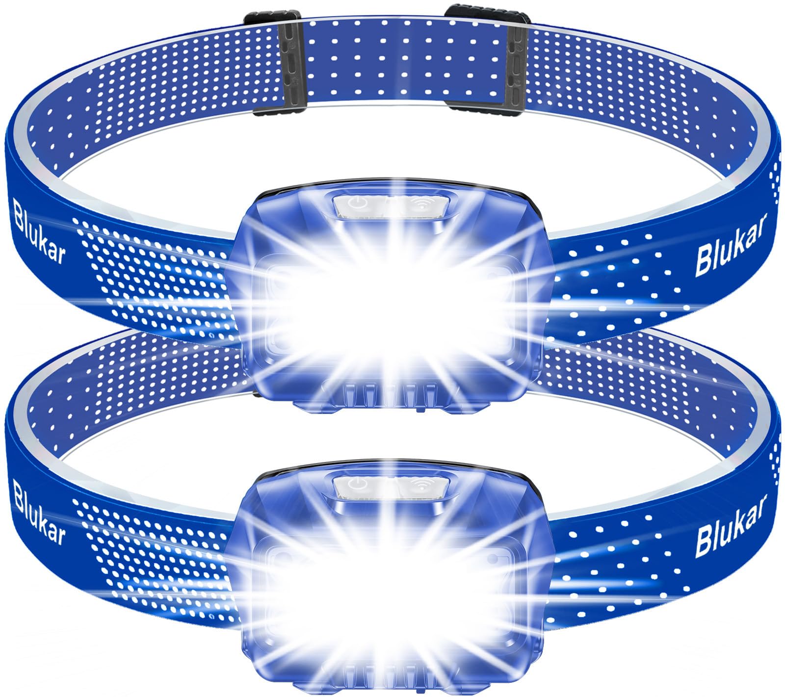 Blukar LED Headlamp 2000L Super Bright Rechargeable Flashlight 2 Pack, Motion Sensor, Dimmable, IPX5 Waterproof, Blue, Model K9111