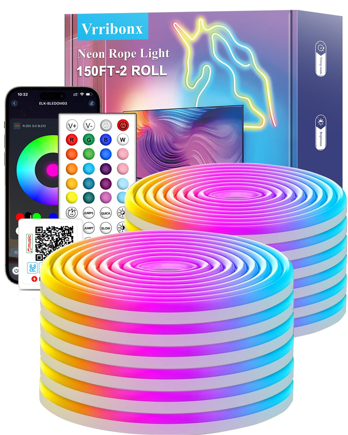 NUERPO 150FT Neon Rope Lights – RGB LED With App & Remote Control, Water Resistant, Indoor Use