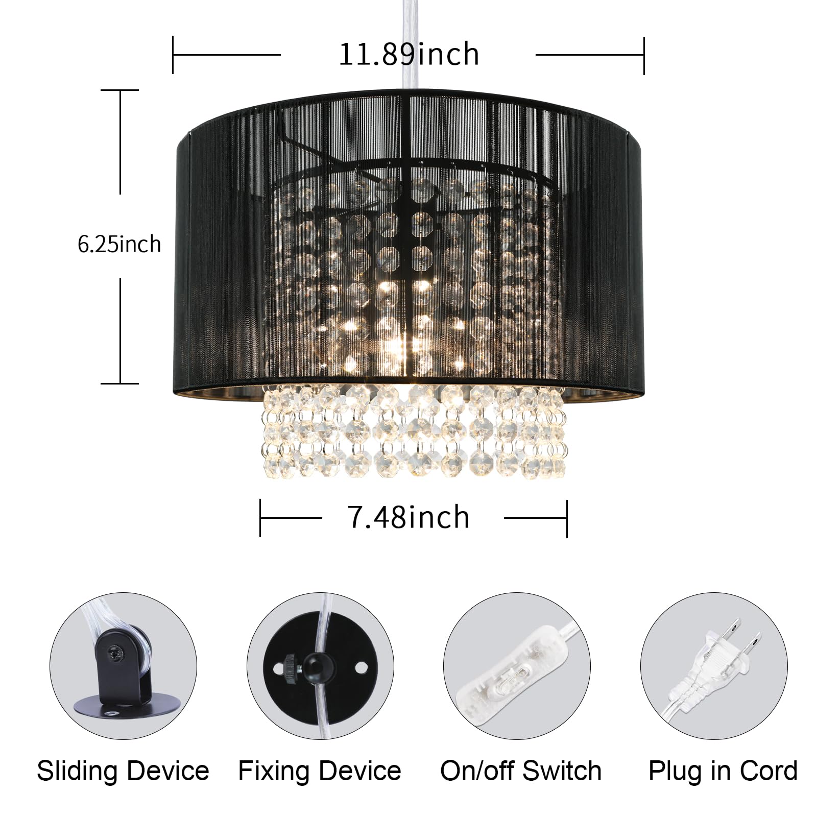 TISLYCO Plug-in Chandelier, 15ft Cord Crystal Pendant Light, Black, Perfect for Bedroom or Living Room
