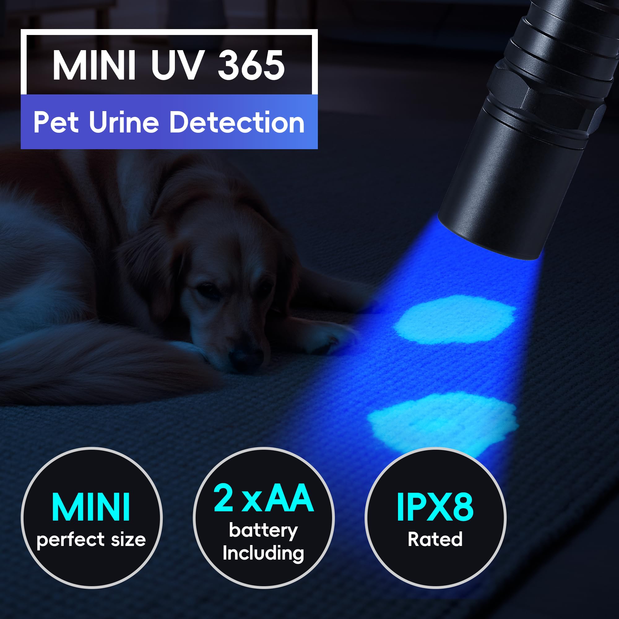 TactEagle UV Flashlight - 365nm Black Light for Pet Urine & Counterfeit Detection, AA Powered, Model UVA-T2, Color UVA-T2