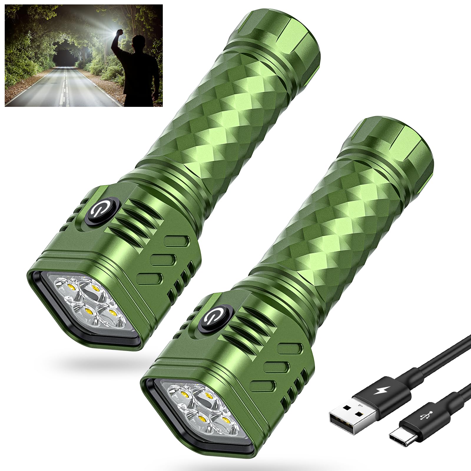 WdtPro LED Flashlight, High Lumens, Waterproof, Aluminum, 2 Pack, Green, Model EX4