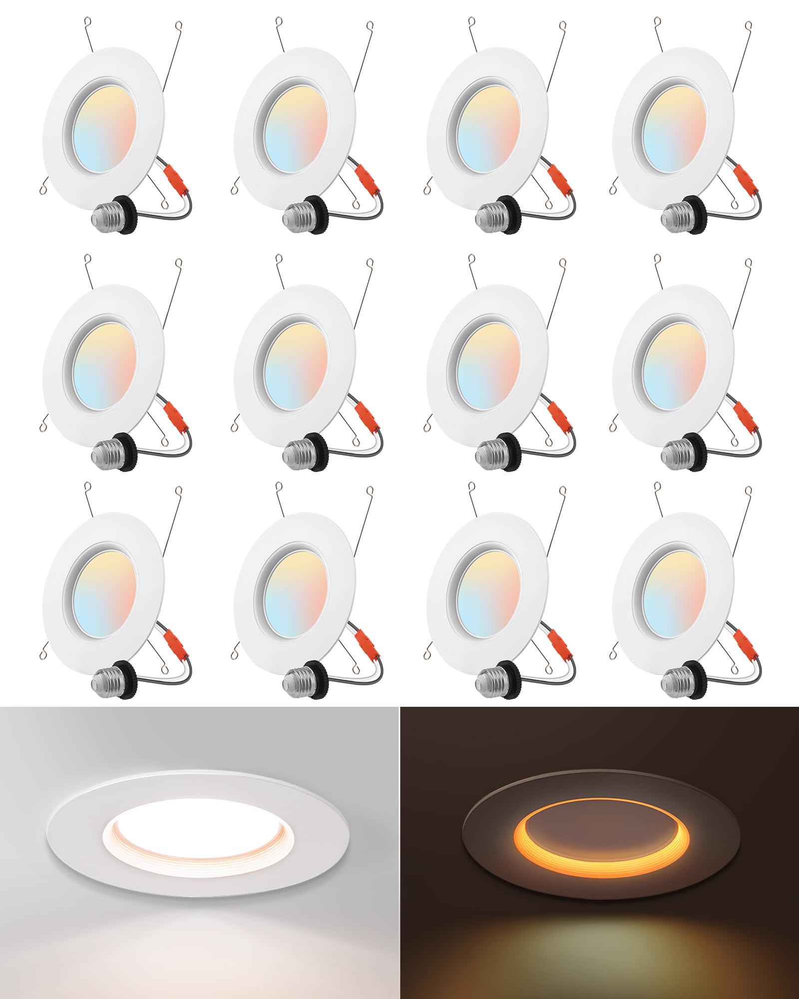 EDISHINE 12 Pack 5CCT Recessed Lighting 6 Inch with Night Light, 12W 1000LM CRI90+ Dimmable LED Ceiling Can Lights, 2700-5000K S